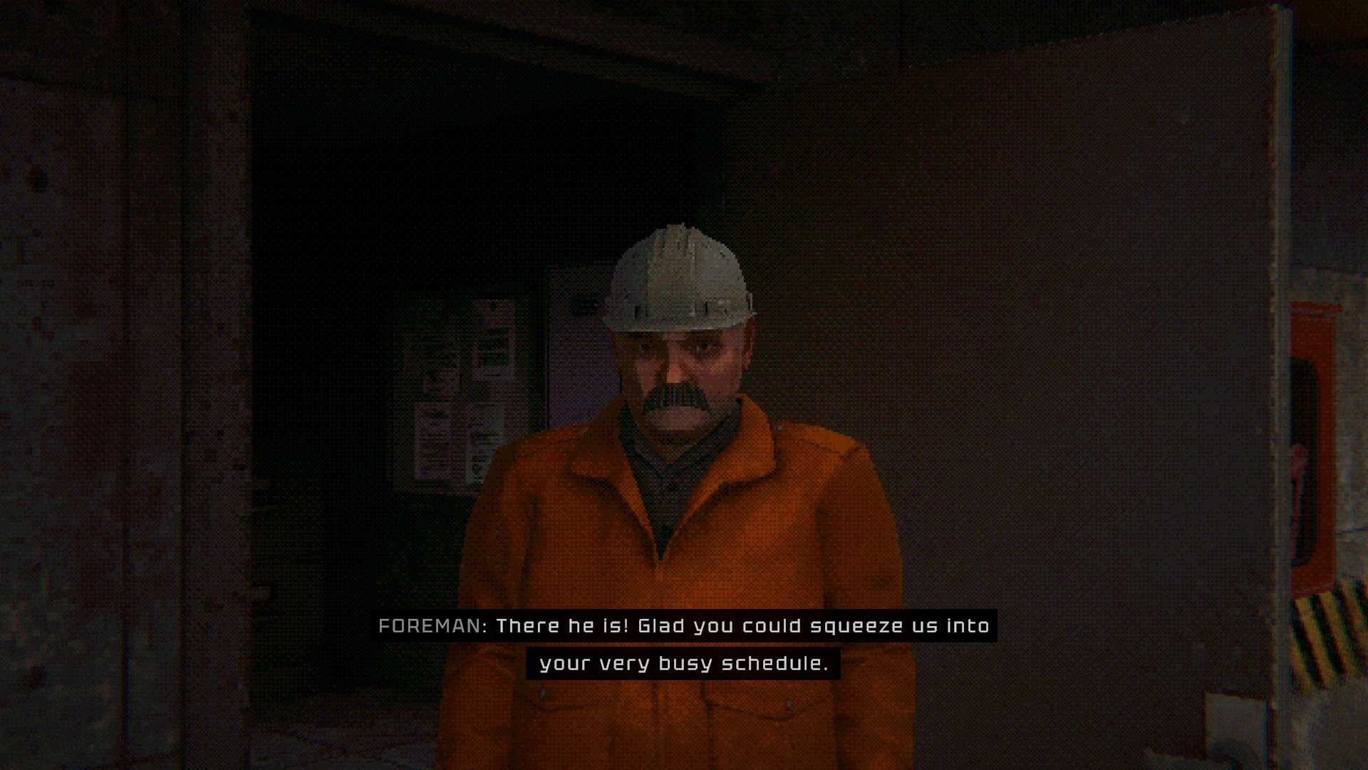 GRINDWORM: Foreman in hard hat and orange jacket speaks via subtitles in a dim mine office doorway.
