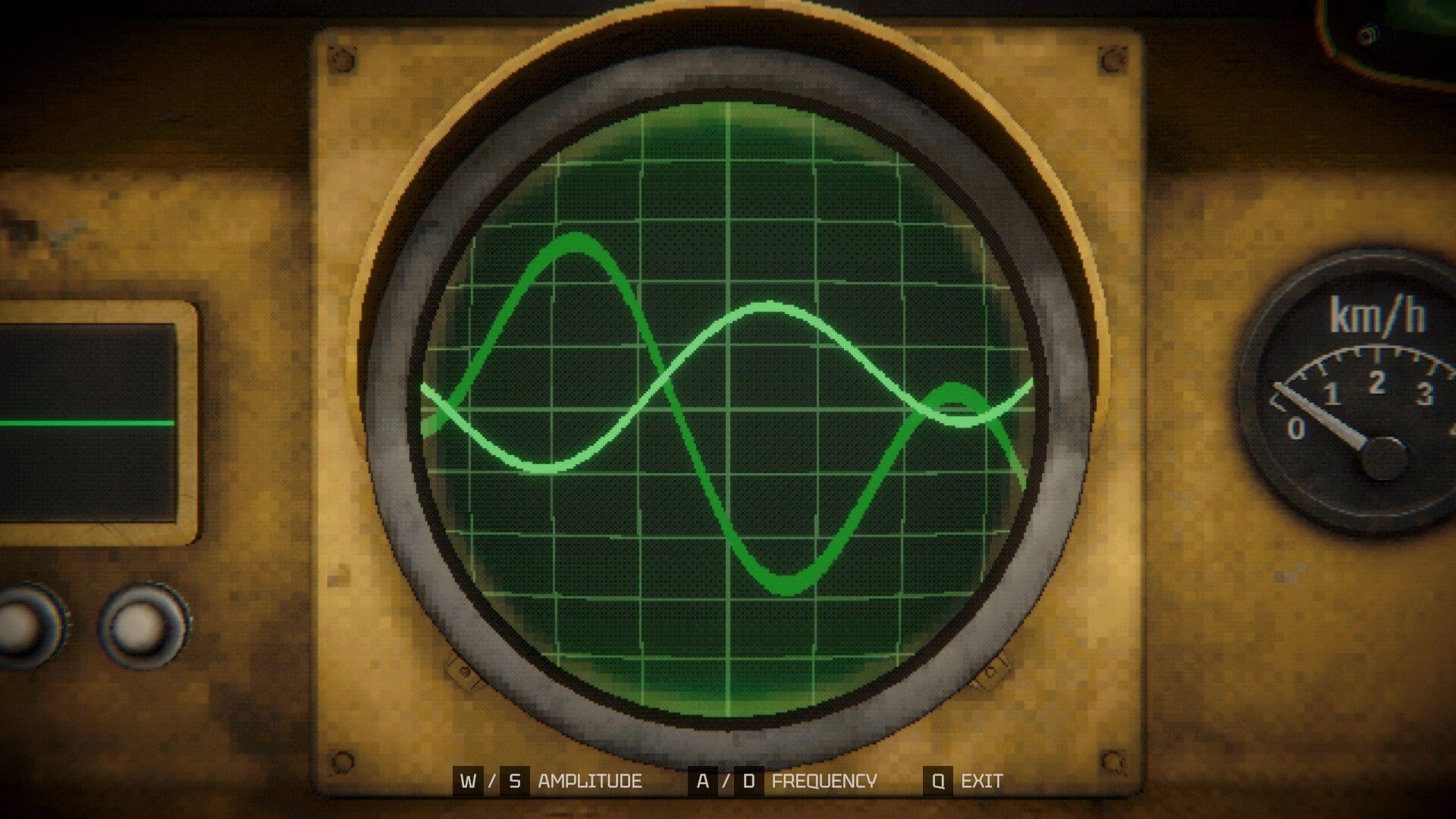 GRINDWORM: Oscilloscope-style tuning UI with green waveforms on mining machine control panel.