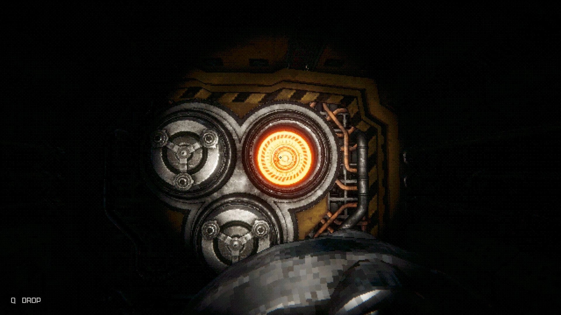 GRINDWORM: Close-up of a mining machine control with glowing orange dial in a dark tunnel UI drop prompt.