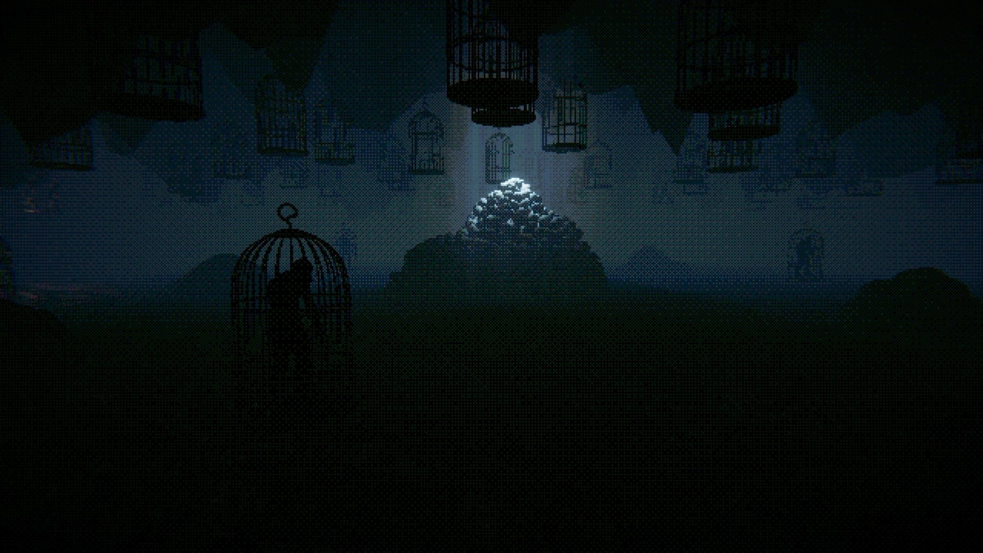 GRINDWORM: Dim cave chamber with hanging cages and a glowing rock pile under a narrow spotlight.