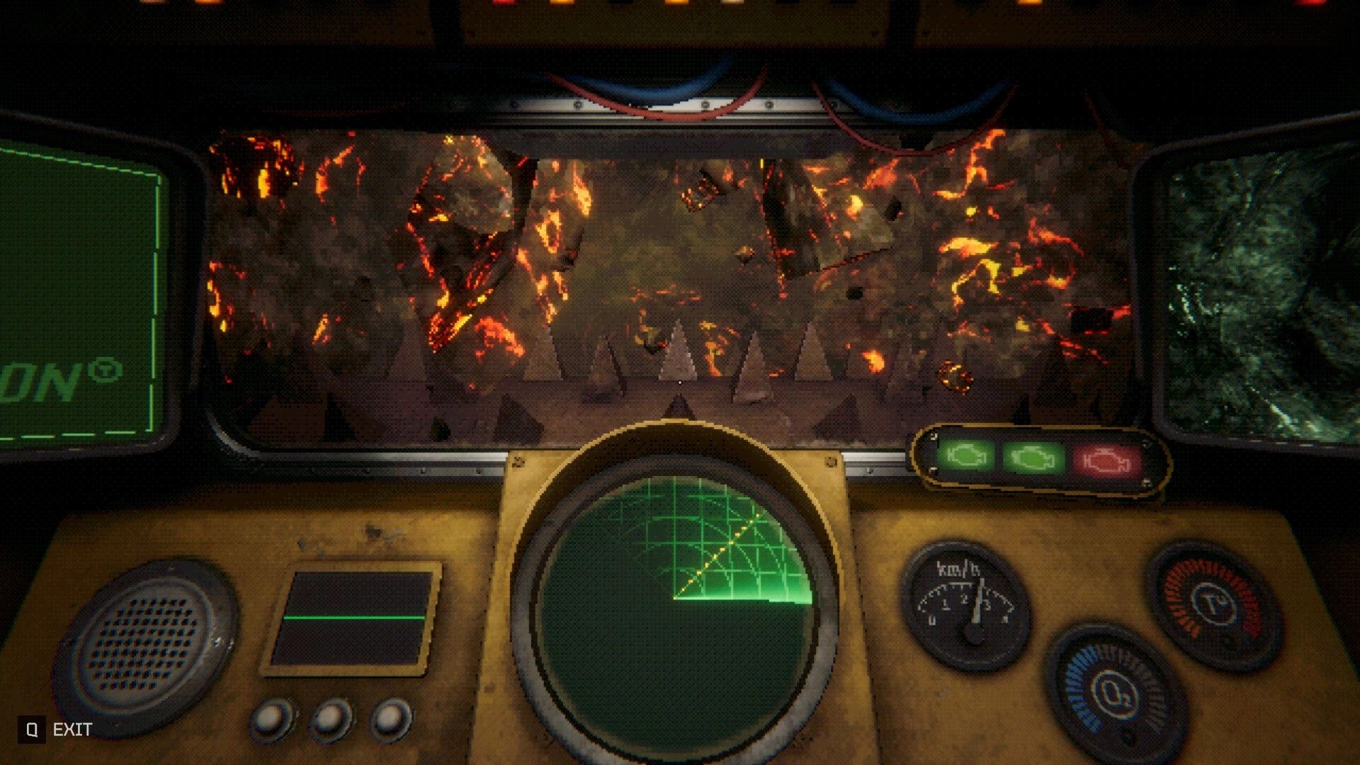 GRINDWORM: Driving a mining machine past glowing lava rock, radar screen and gauges in view.