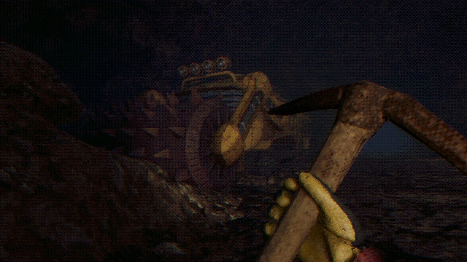 GRINDWORM: First-person view holding a pickaxe facing a rusty mining machine in a dark tunnel.