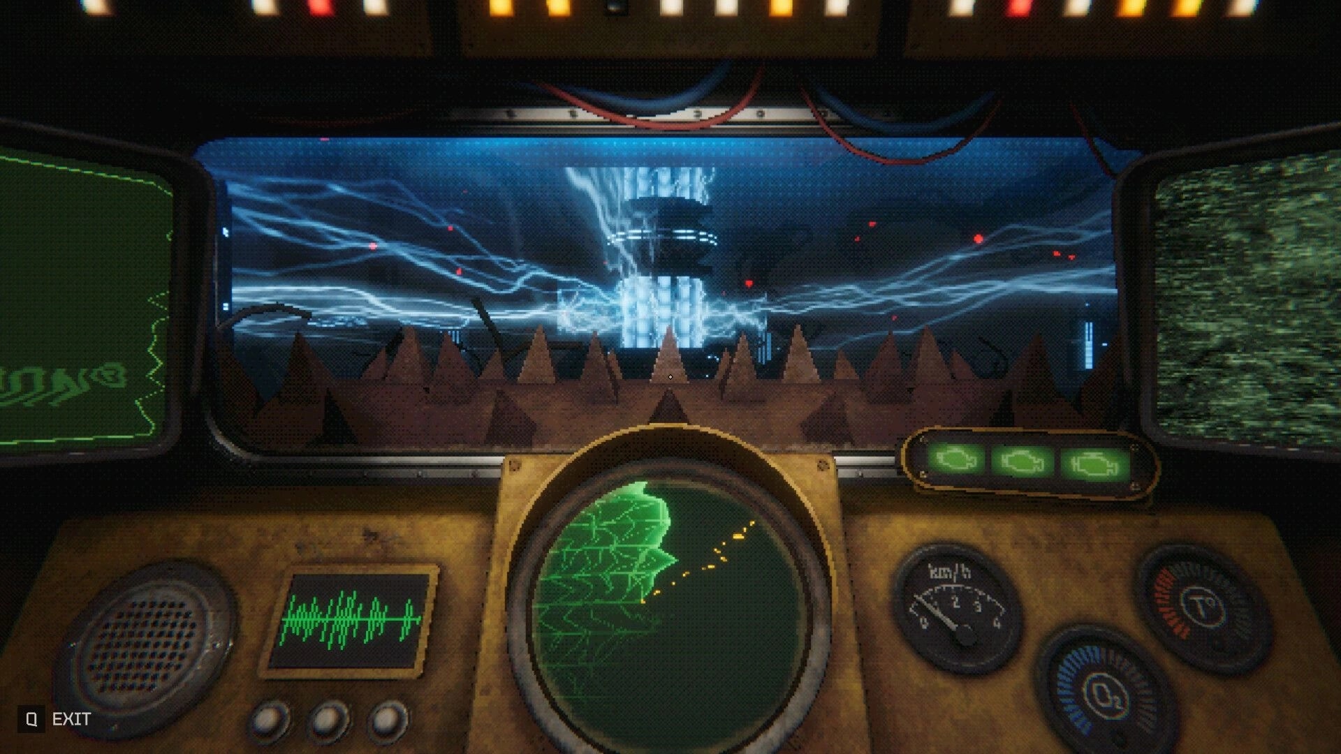 GRINDWORM: Cockpit view with radar and gauges facing jagged tunnel and blue electrical storm ahead.