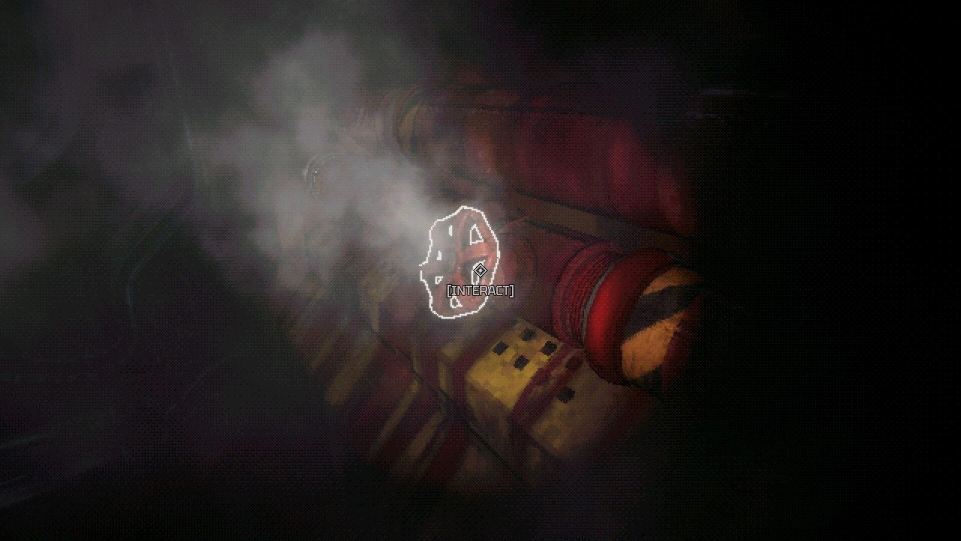 GRINDWORM: Interact prompt over a red valve wheel on a dusty mining machine in a dark tunnel.