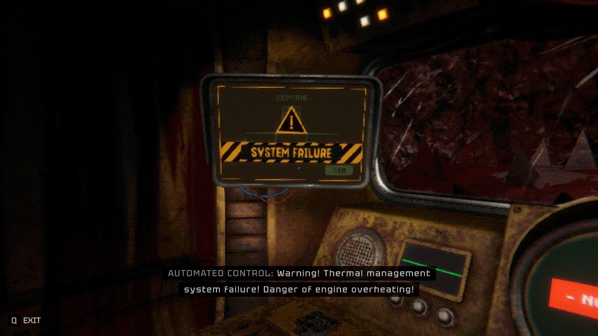 GRINDWORM: System failure warning on mining machine monitor inside dark tunnel with overheating alert text.