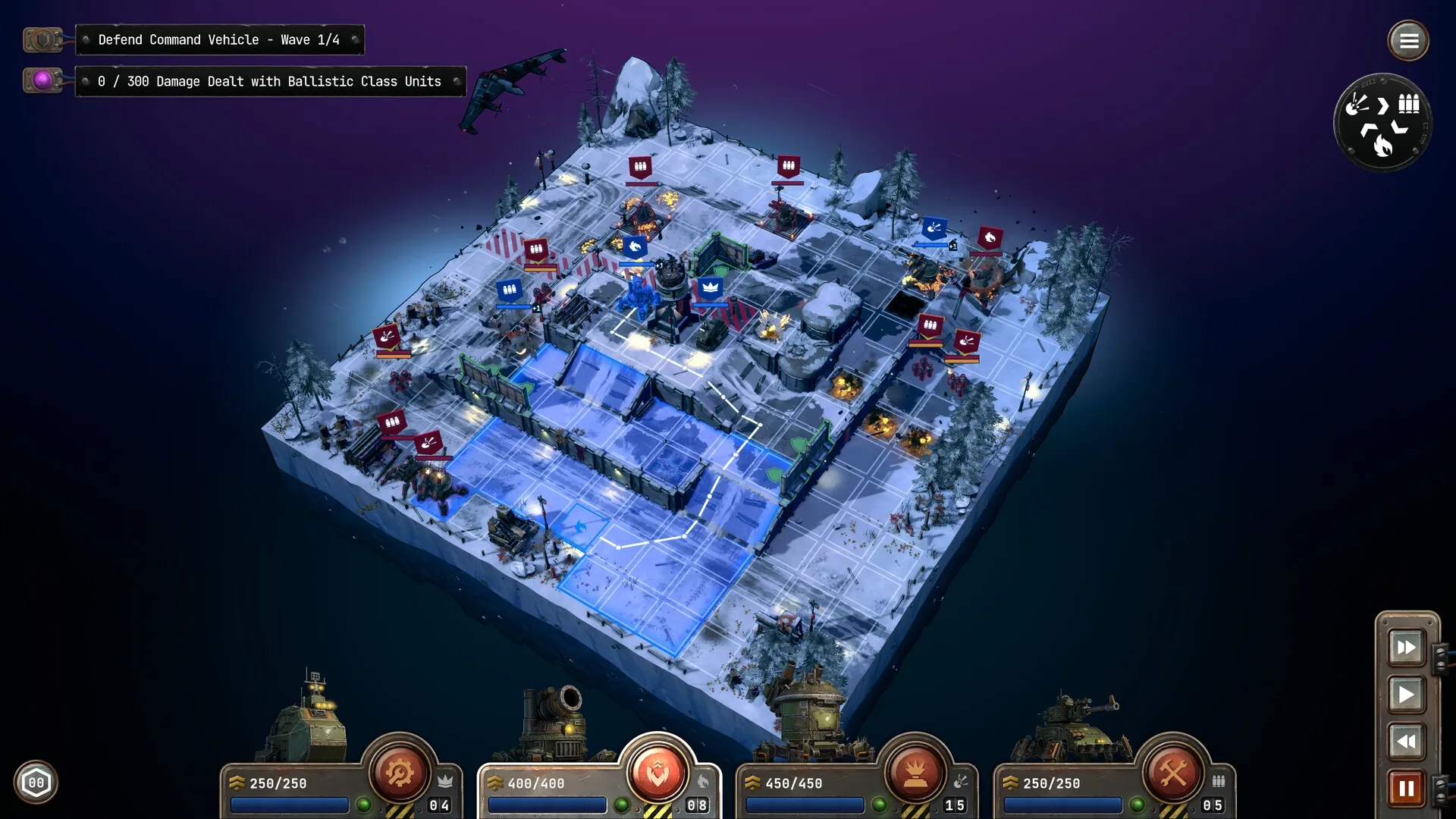 Grit and Valor: Tactical defense on snowy grid map with Mech units and enemy markers in winter forest.