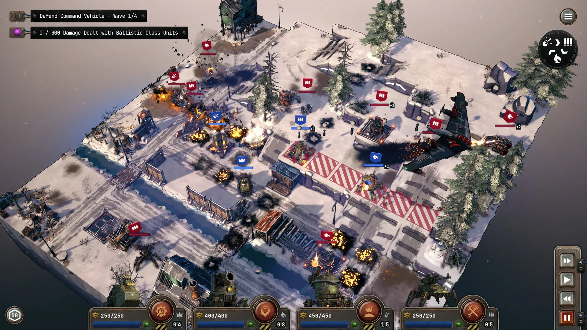 Grit and Valor: Tactical battle with enemy aircraft and mechs in a snowy fortified outpost.