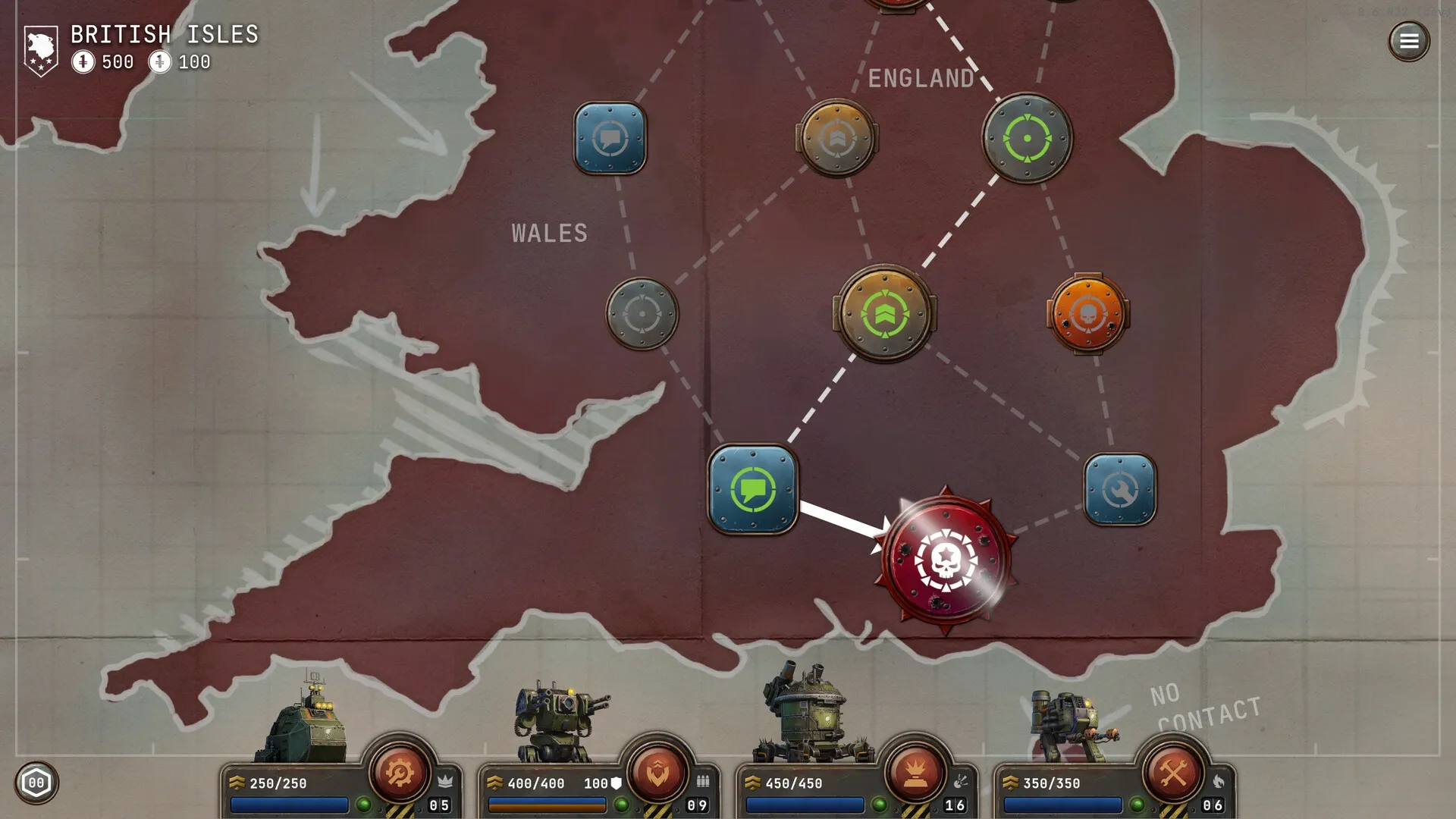 Grit and Valor: Strategic map interface showing British Isles with Mech Squadron selection below