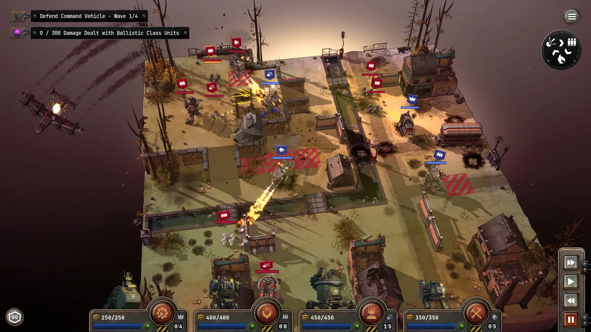 Grit and Valor: Tactical combat with Mech Squadron attacking enemy units in a war-torn urban landscape