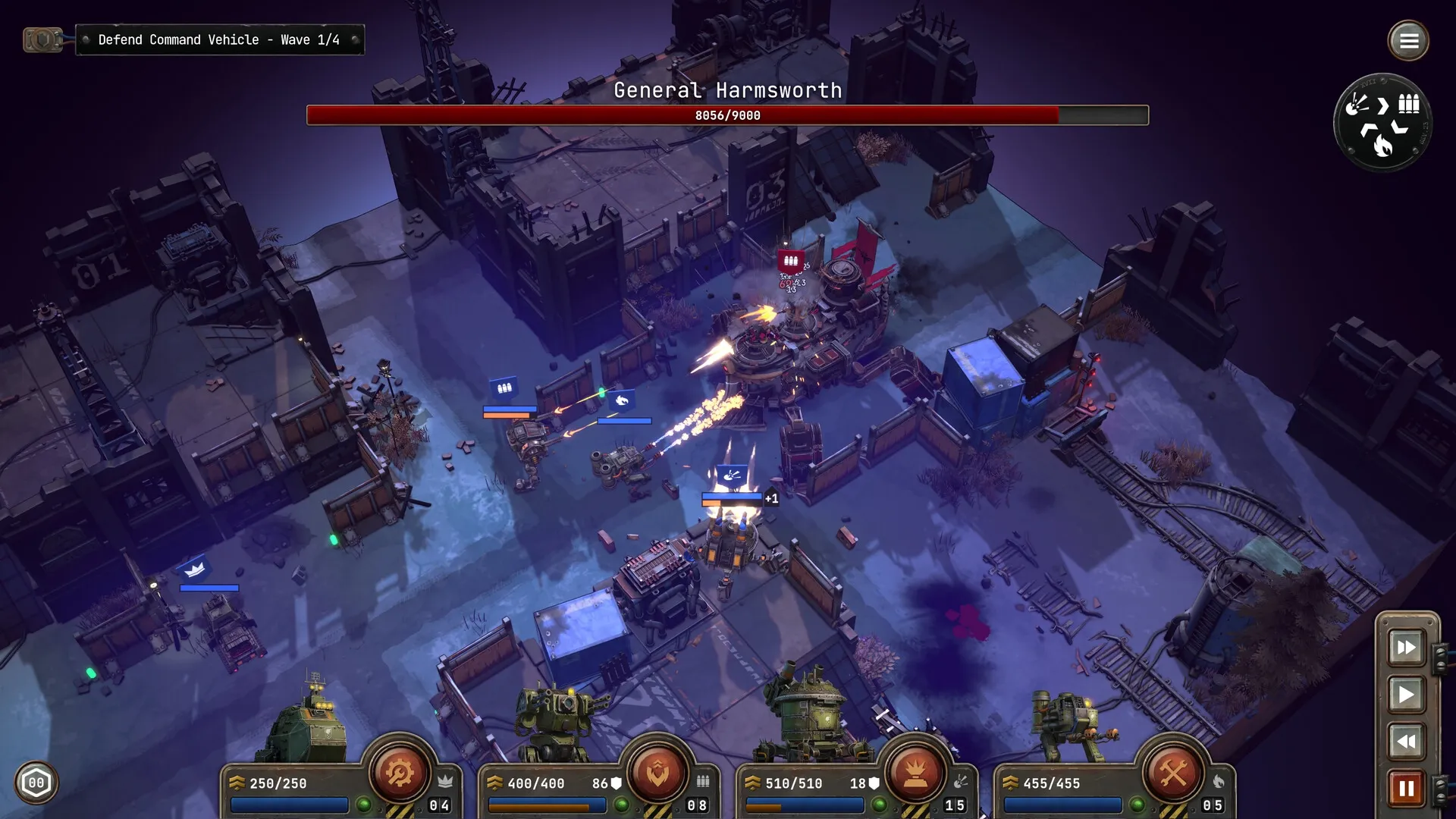 Grit and Valor: Mech battle against General Harmsworth in fortified snowy base with UI indicators
