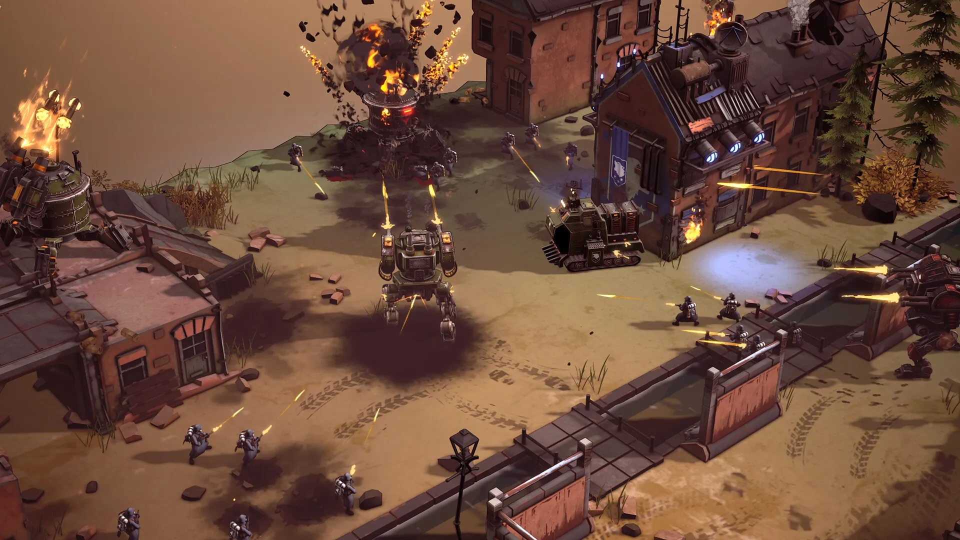 Grit and Valor: Mech combat with Axis forces in a war-torn village, buildings ablaze amidst battle.