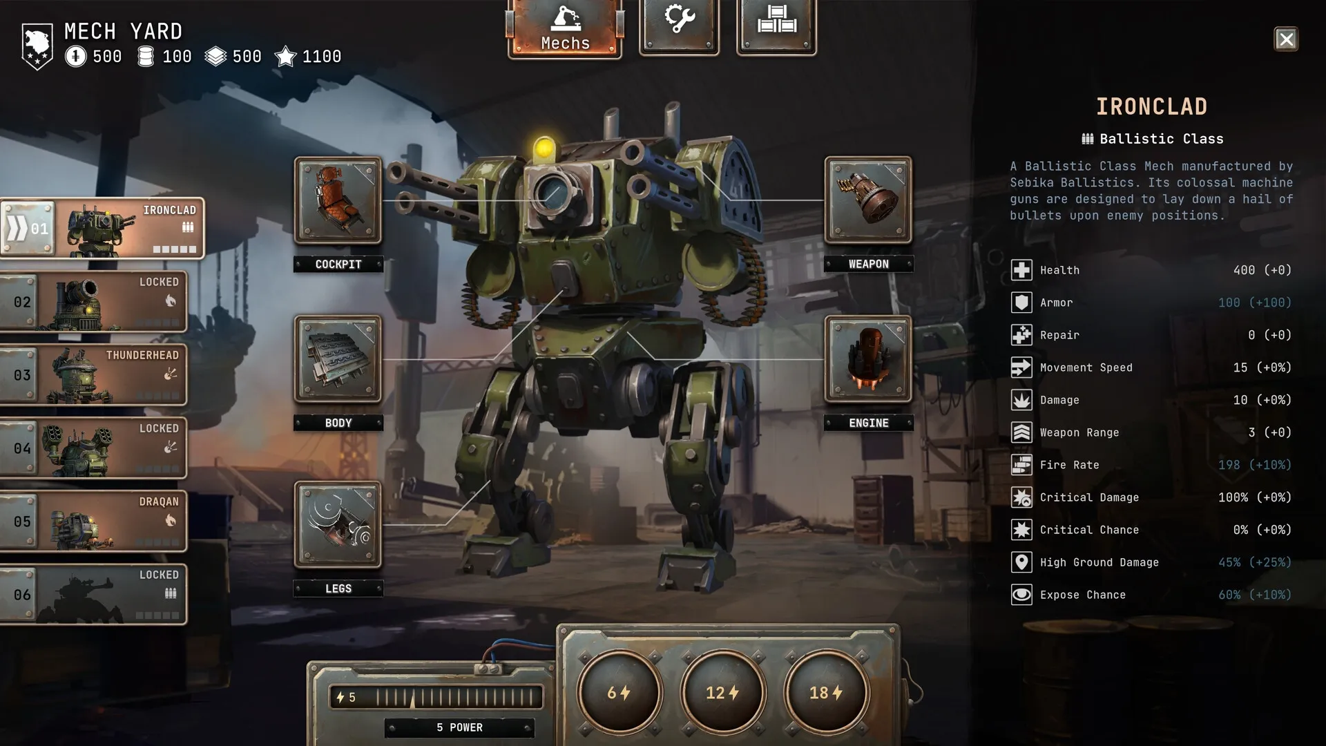 Grit and Valor: Ironclad Mech customization in Mech Yard with detailed stats and component selection.