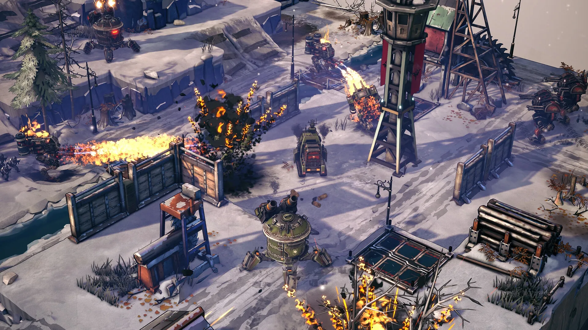 Grit and Valor: Mech battle amidst snowy ruins with explosions and flames in a fortified base