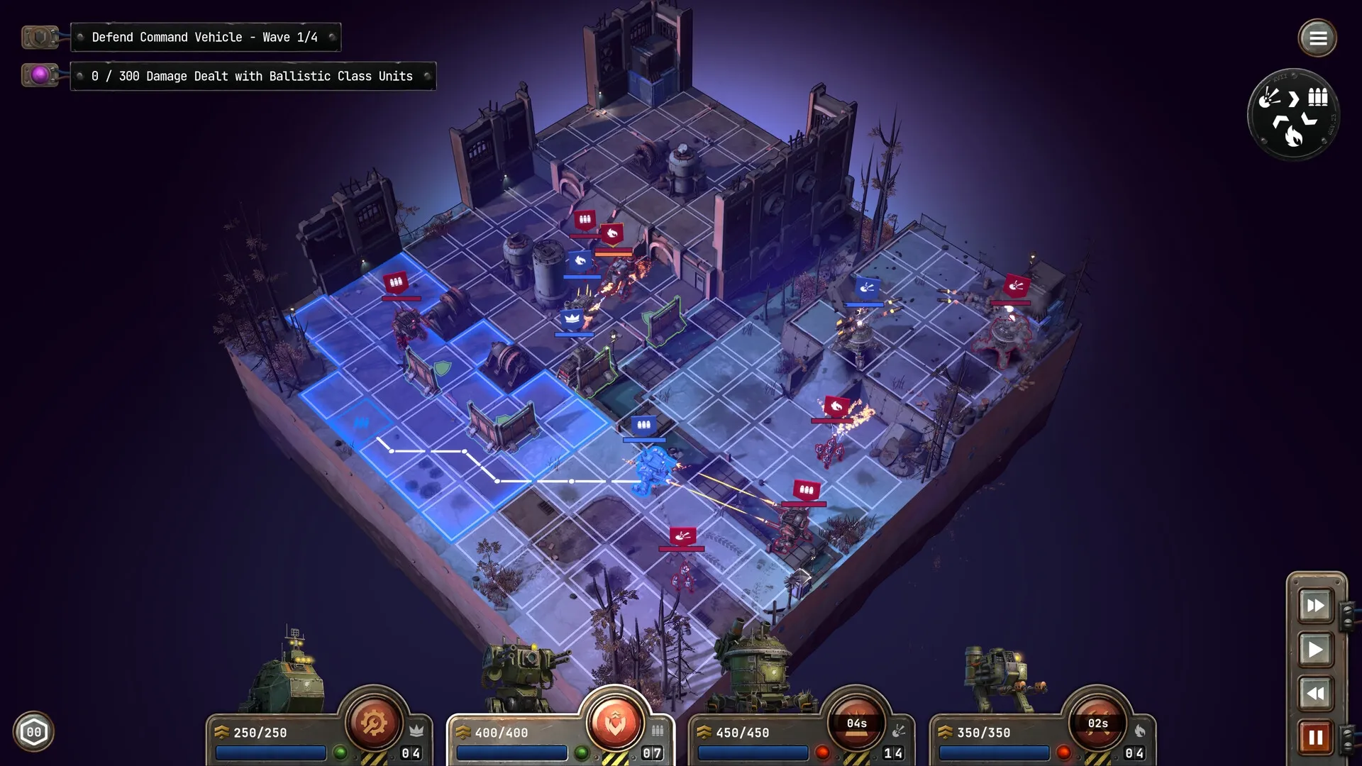 Grit and Valor: Mech squadron defending command vehicle on grid-based urban battlefield
