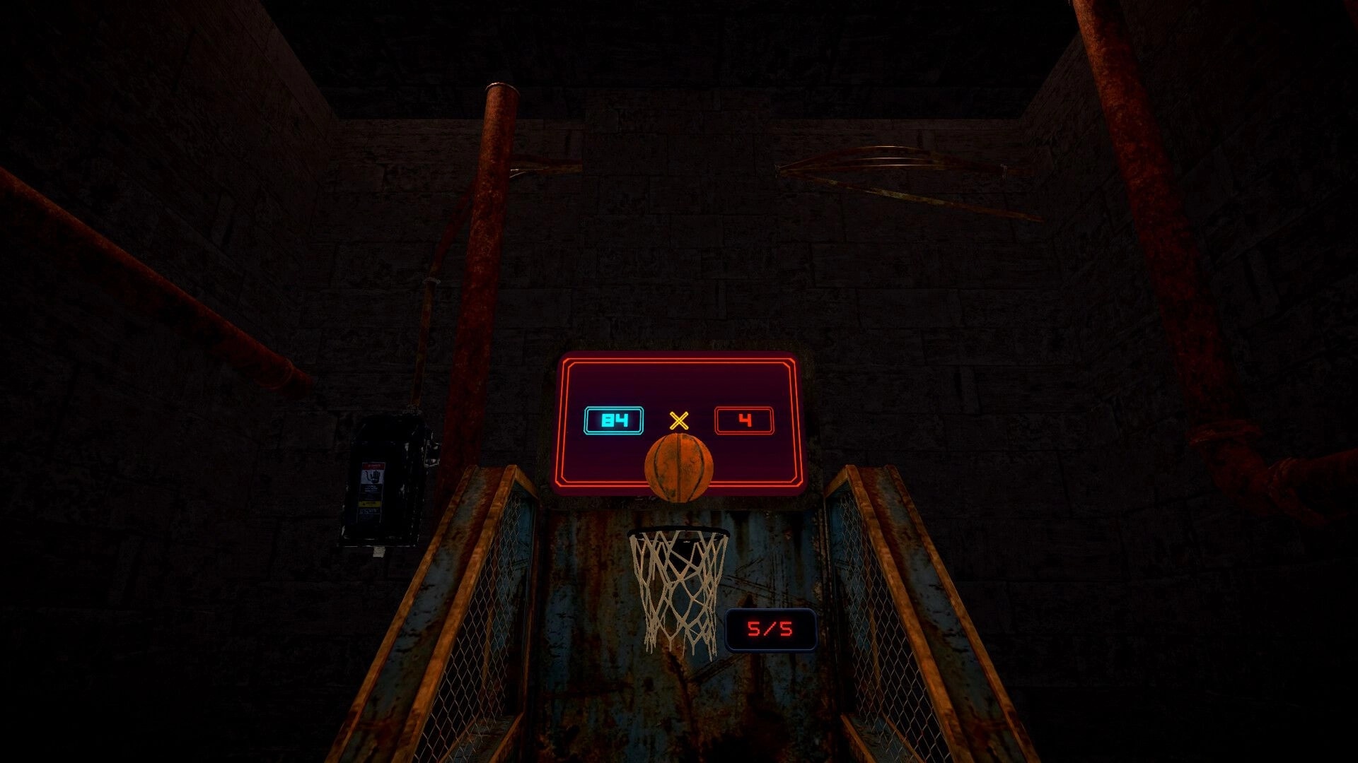 Grit Shot: Basketball dropping toward a hoop under neon score panel in a dark, rusty metal shaft.