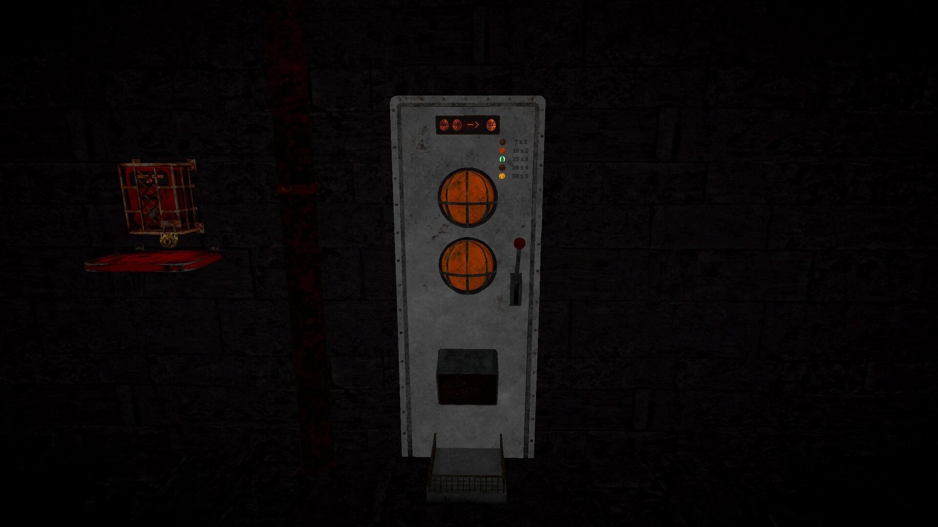 Grit Shot: Two-ball scoring machine with lever and point list on a dark concrete wall stage.