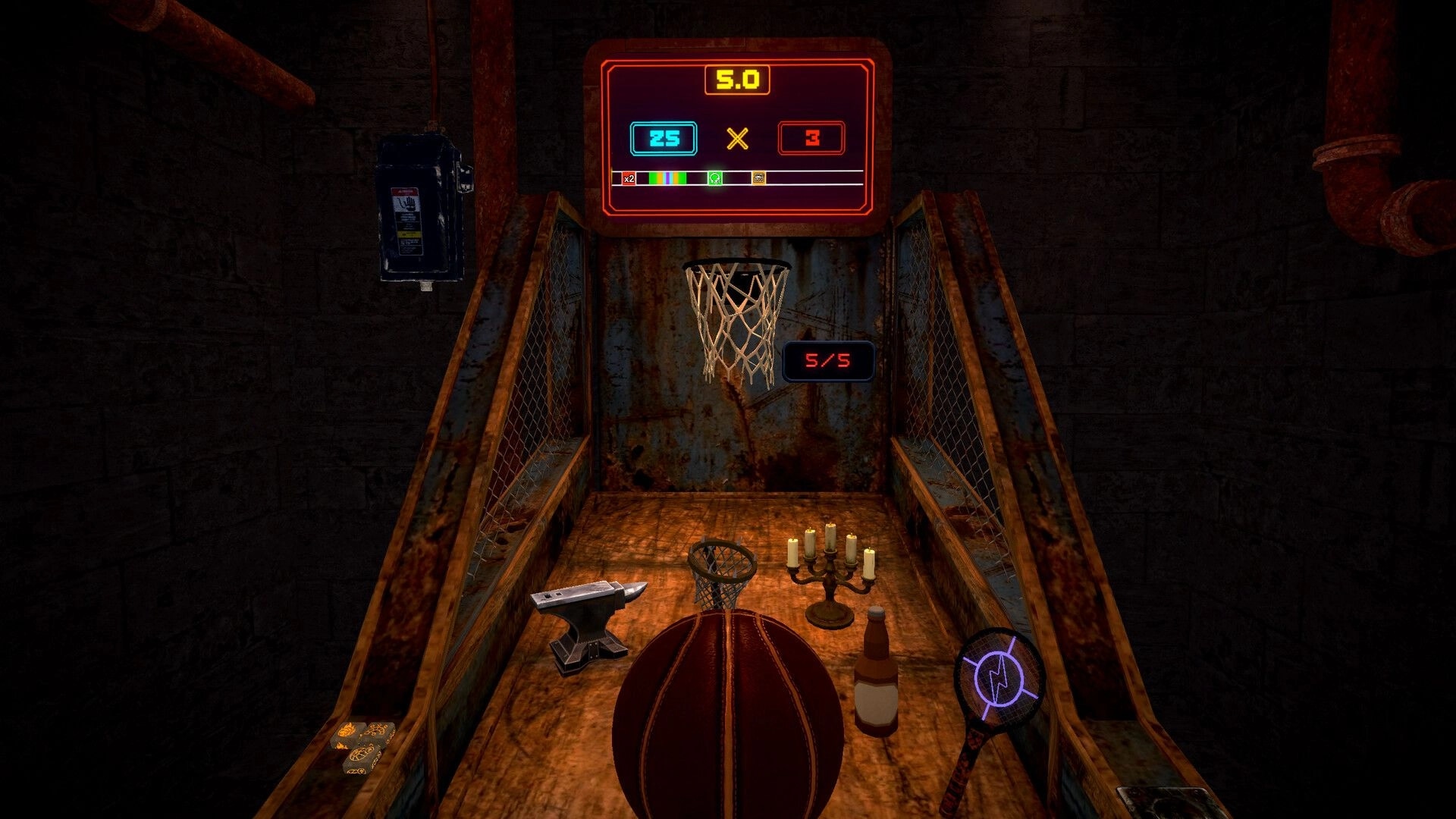 Grit Shot: Basketball lined up for a shot at a hoop, neon scoreboard above in a rusty cage court.