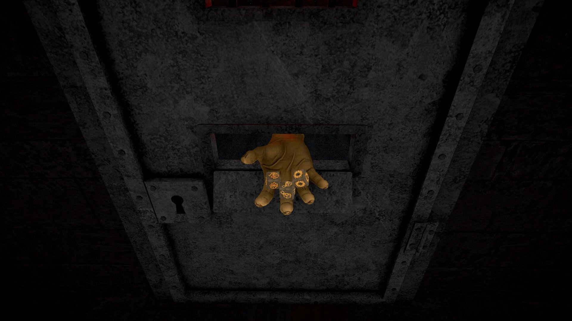 Grit Shot: Gloved hand with glowing icons gripping a metal hatch handle in a dark corridor.