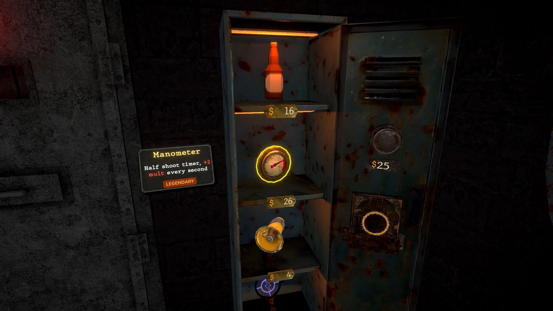 Grit Shot: Shop locker inventory with priced items and Manometer tooltip in a rusty metal room.