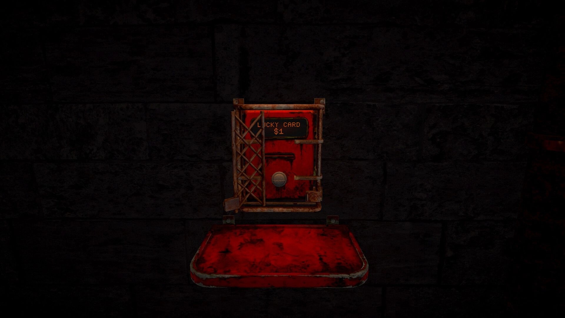 Grit Shot: Red vending machine labeled "Lucky Card $1" on a grimy wall above a red bench.