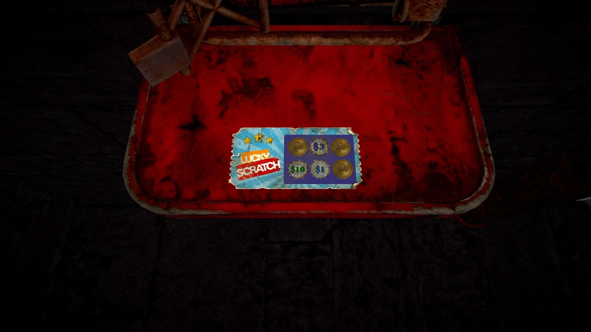 Grit Shot: Lucky Scratch ticket with coin values on a grimy red tabletop in a dark room.