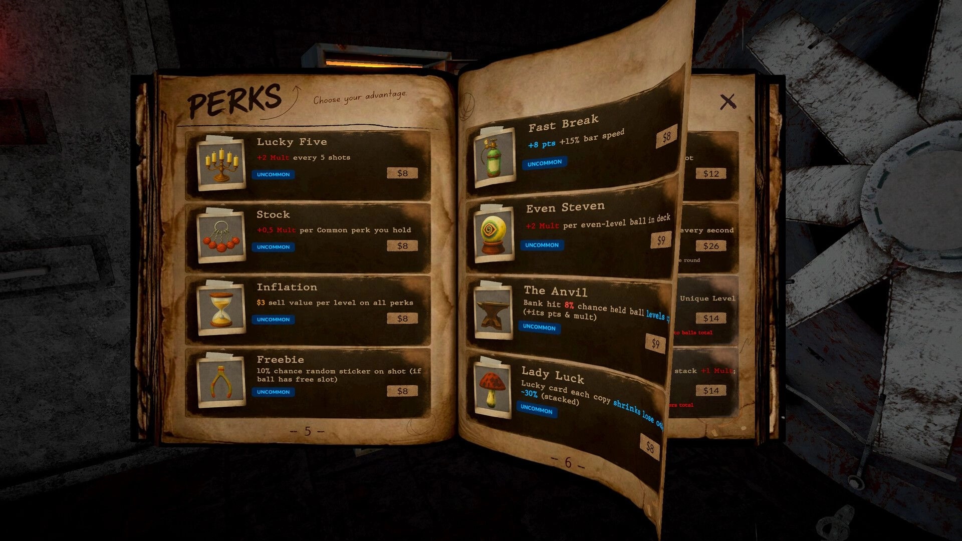 Grit Shot: Perks selection book UI listing Lucky Five and Fast Break perks on worn pages in locker room.