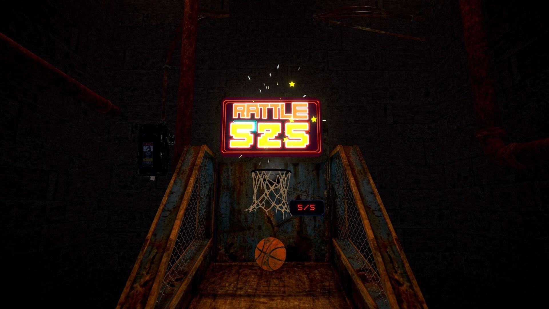 Grit Shot: Basketball drops under hoop as neon RATTLE 525 sign glows in a rusty caged lane.