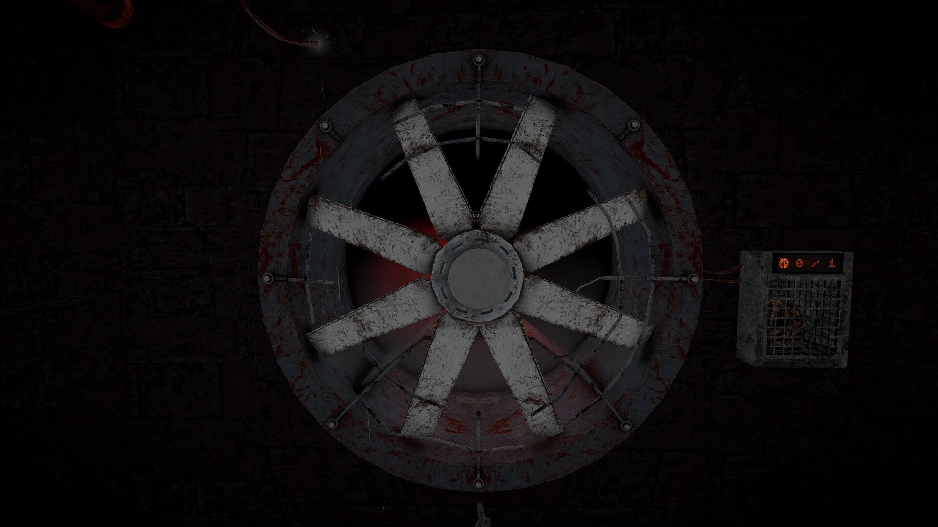 Grit Shot: Spinning industrial fan obstacle with small score panel on right in dark metal tunnel.