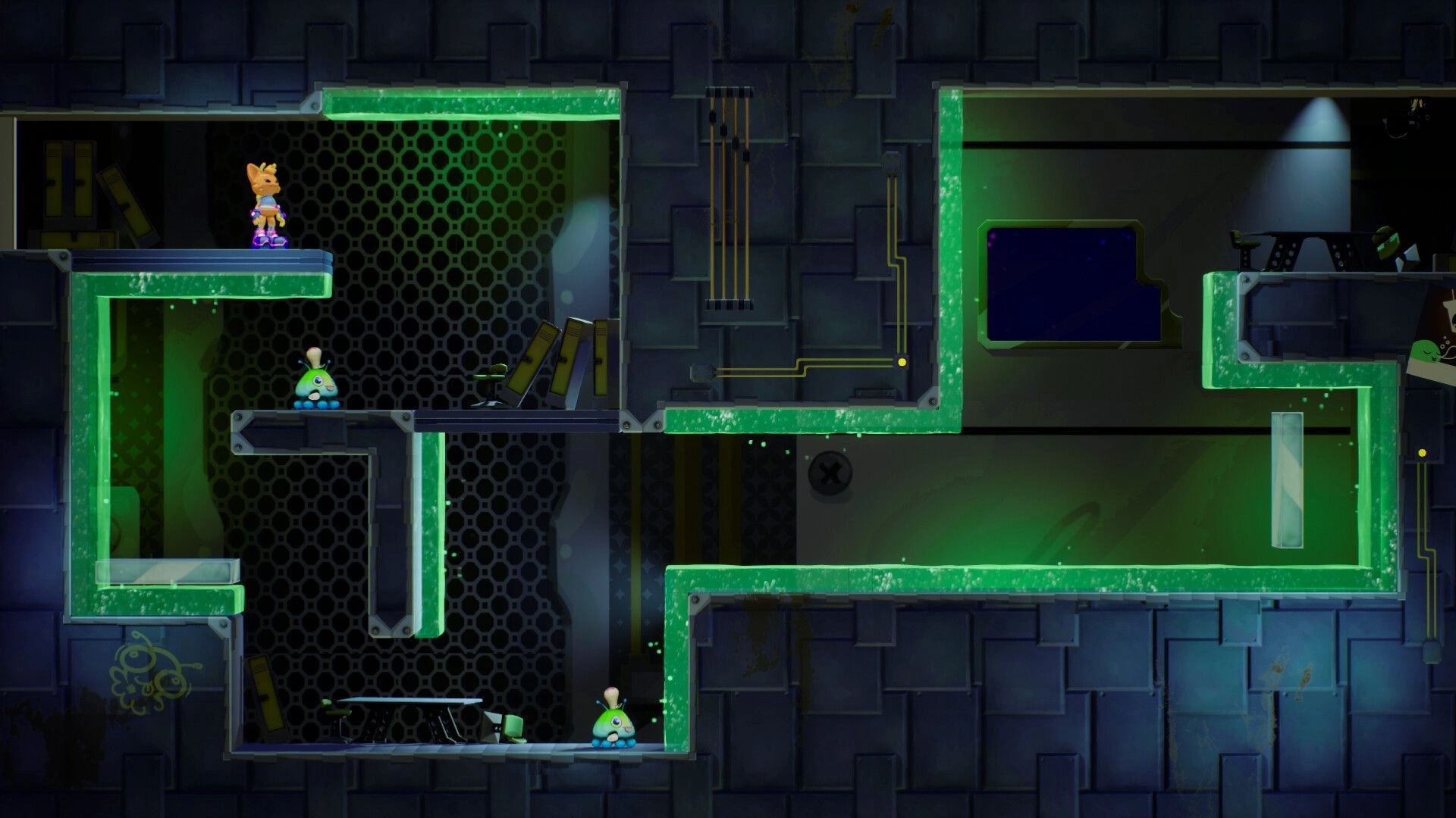 Groovity: Groovy navigates neon-lit corridors with a companion in a high-tech space facility.