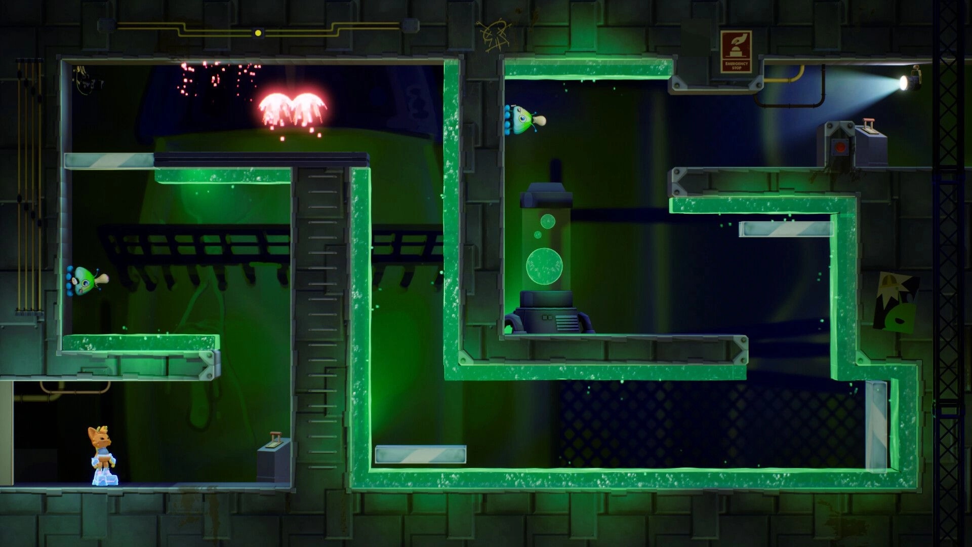 Groovity: Groovy navigates a neon-green industrial maze with gravity manipulation in a platformer level.