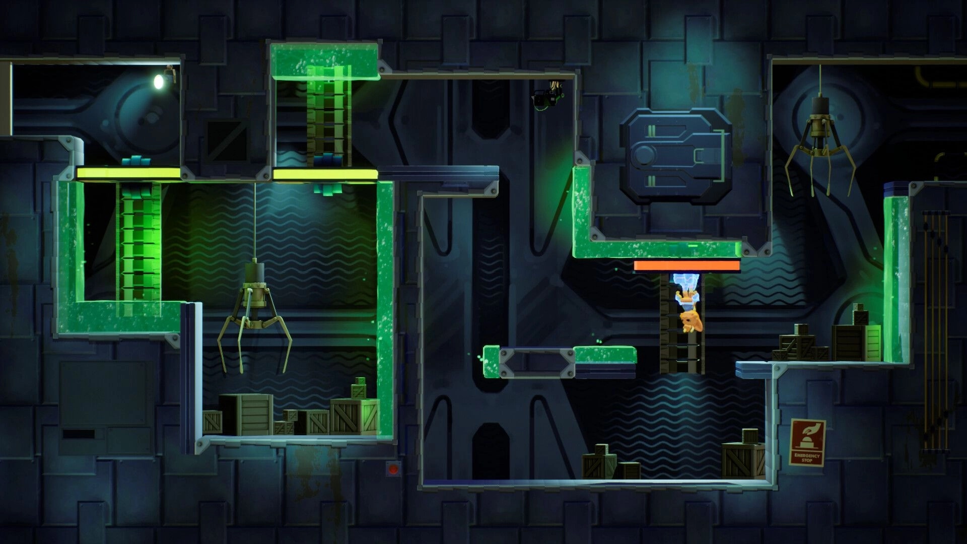Groovity: Groovy manipulates gravity in a neon-lit factory, navigating platforms and avoiding robotic arms.