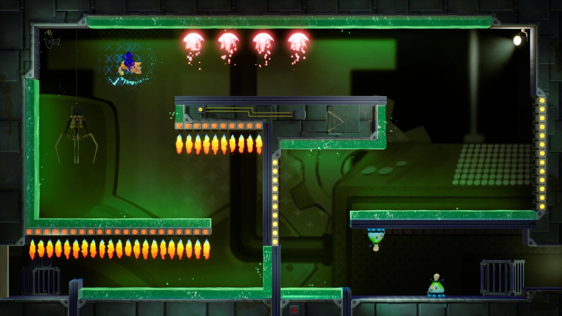 Groovity: Groovy dodges lasers and robots in a neon-lit industrial platformer level with gravity shifts.