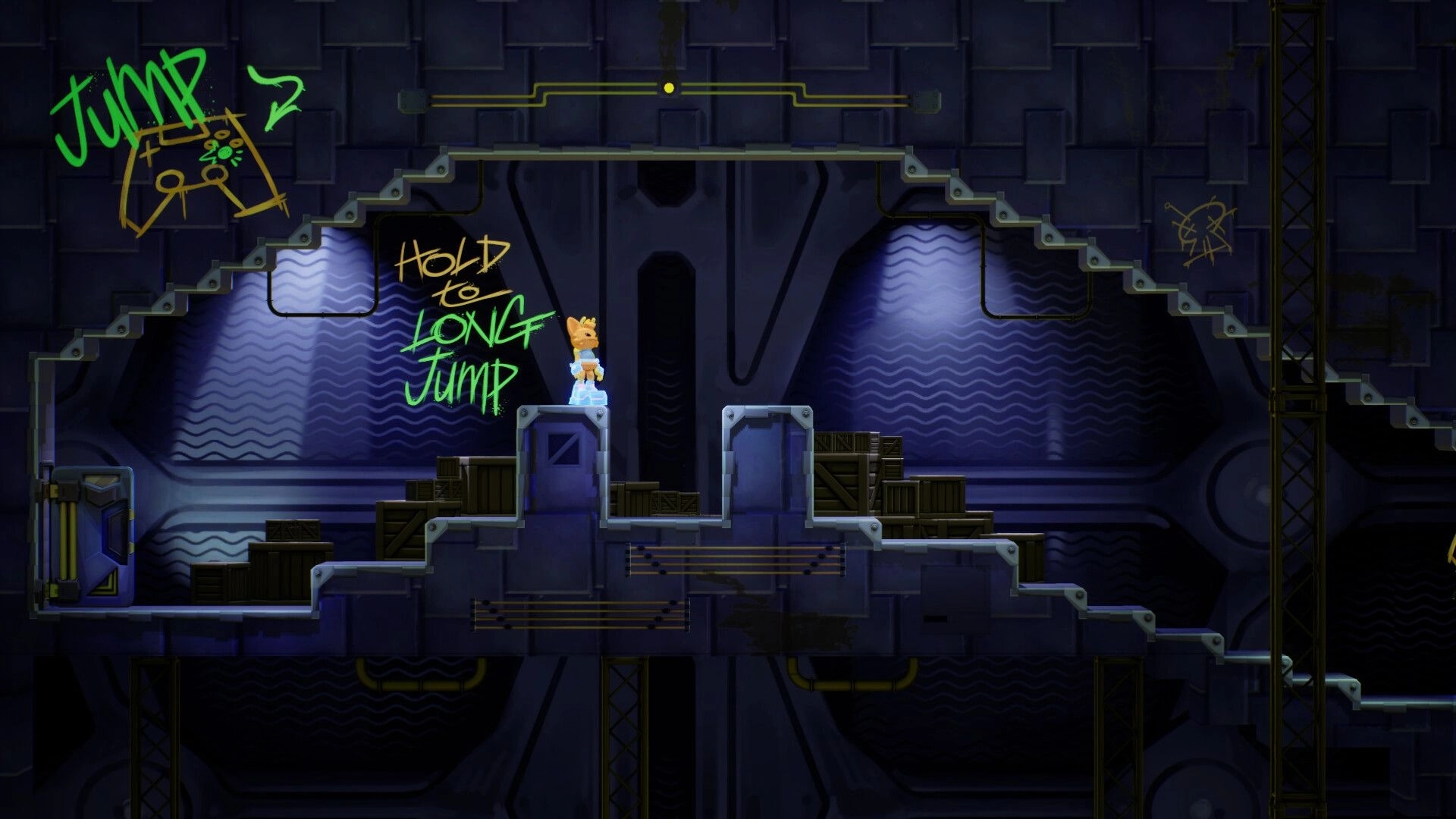 Groovity: Groovy stands on platforms with jump instructions and graffiti in a dark industrial environment.