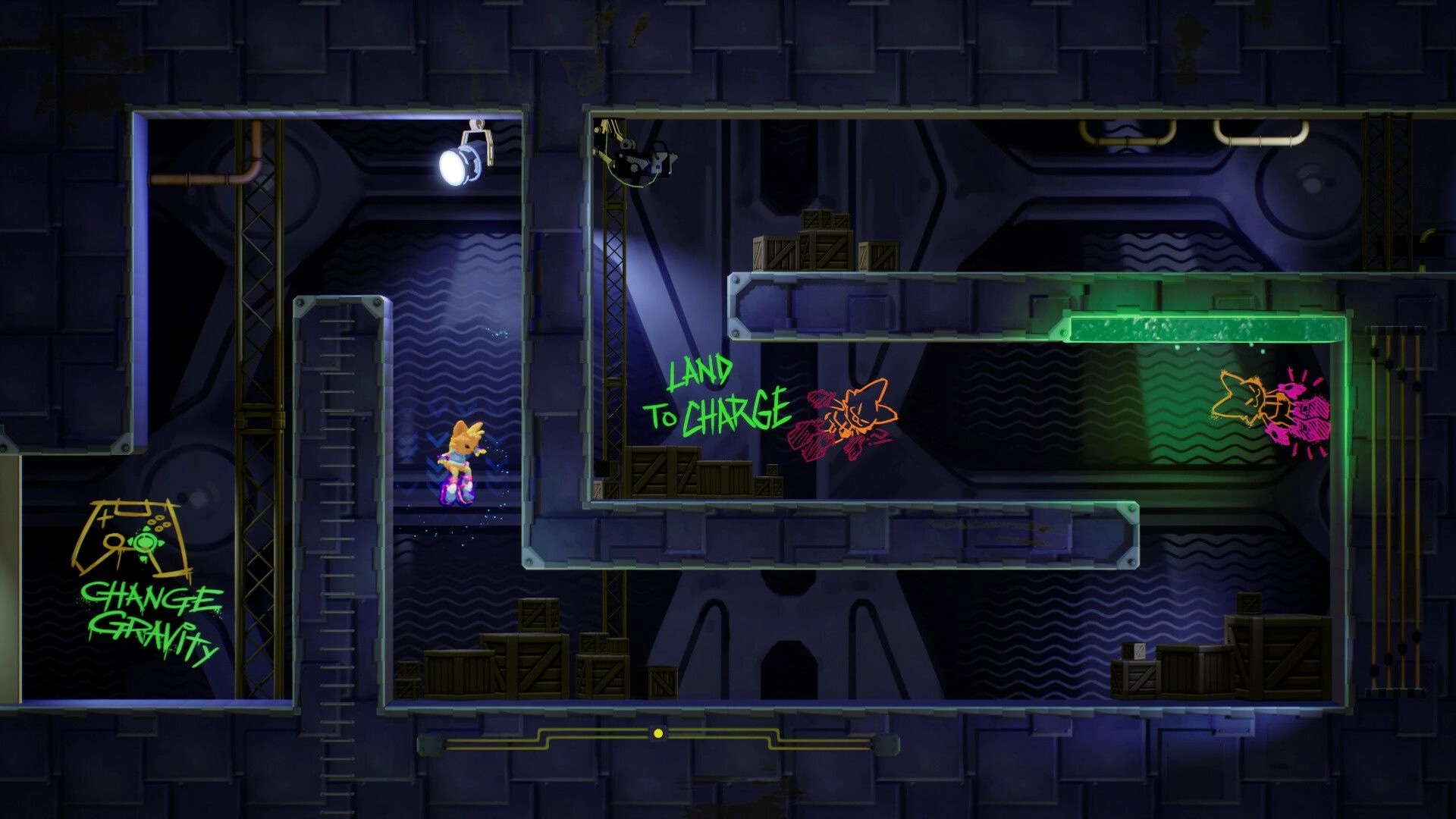 Groovity: Groovy manipulating gravity in industrial platformer environment with neon graffiti instructions
