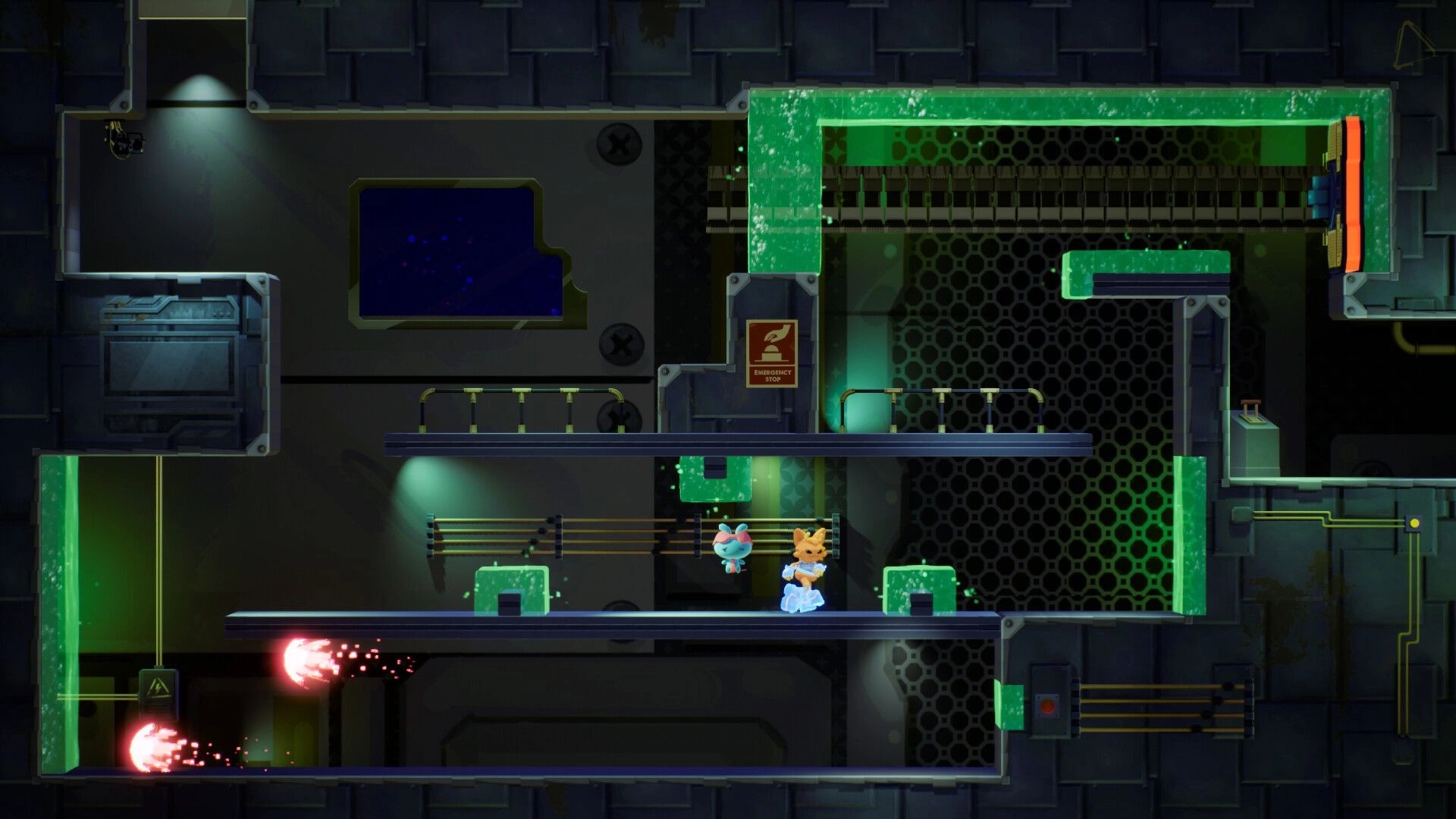 Groovity: Groovy and companion navigate industrial platform with green obstacles and red projectile traps