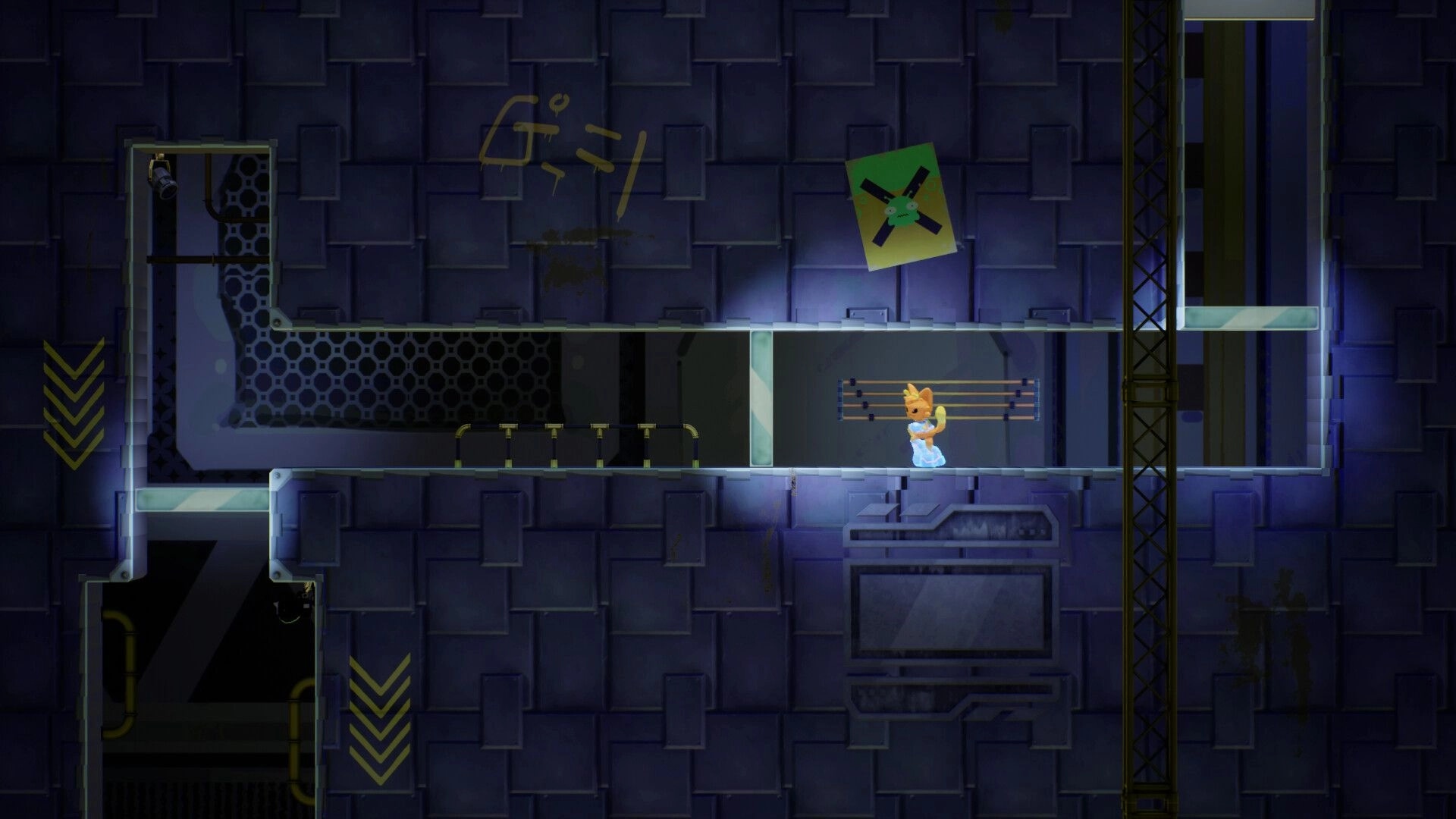 Groovity: Groovy runs through a dimly lit corridor with industrial walls and hazard signs visible