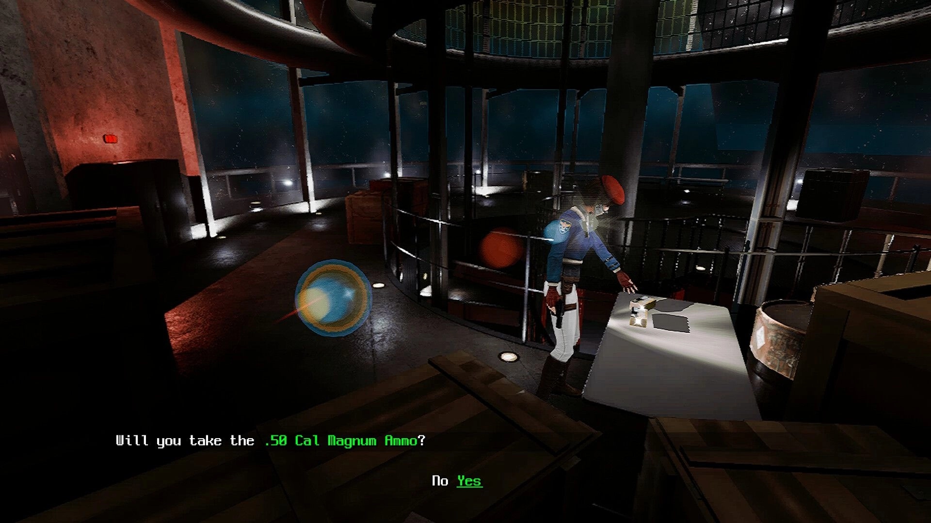 Ground Zero: Character selecting .50 Cal Magnum Ammo in dimly lit industrial facility with crates nearby