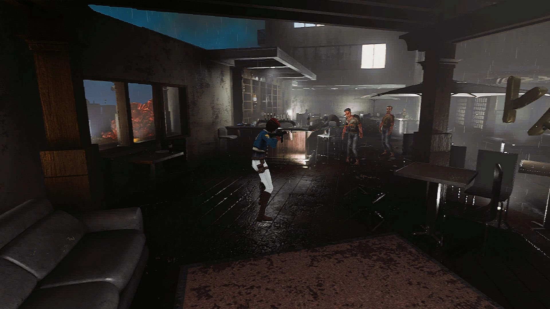 Ground Zero: Player aiming at monsters in a dimly lit, rain-soaked, post-apocalyptic bar setting