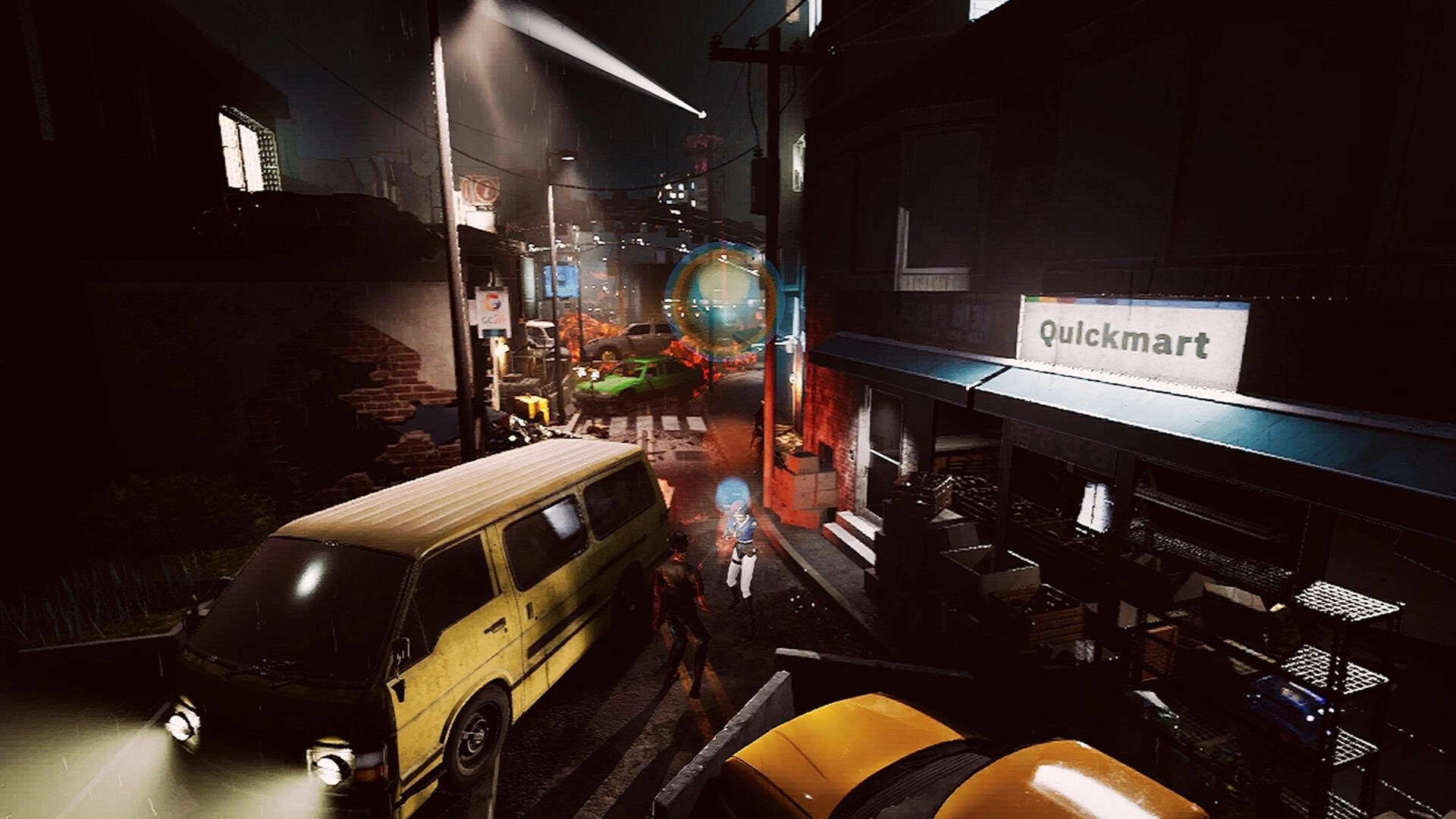 Ground Zero: Player confronts enemy in dimly lit street near Quickmart, surrounded by abandoned cars