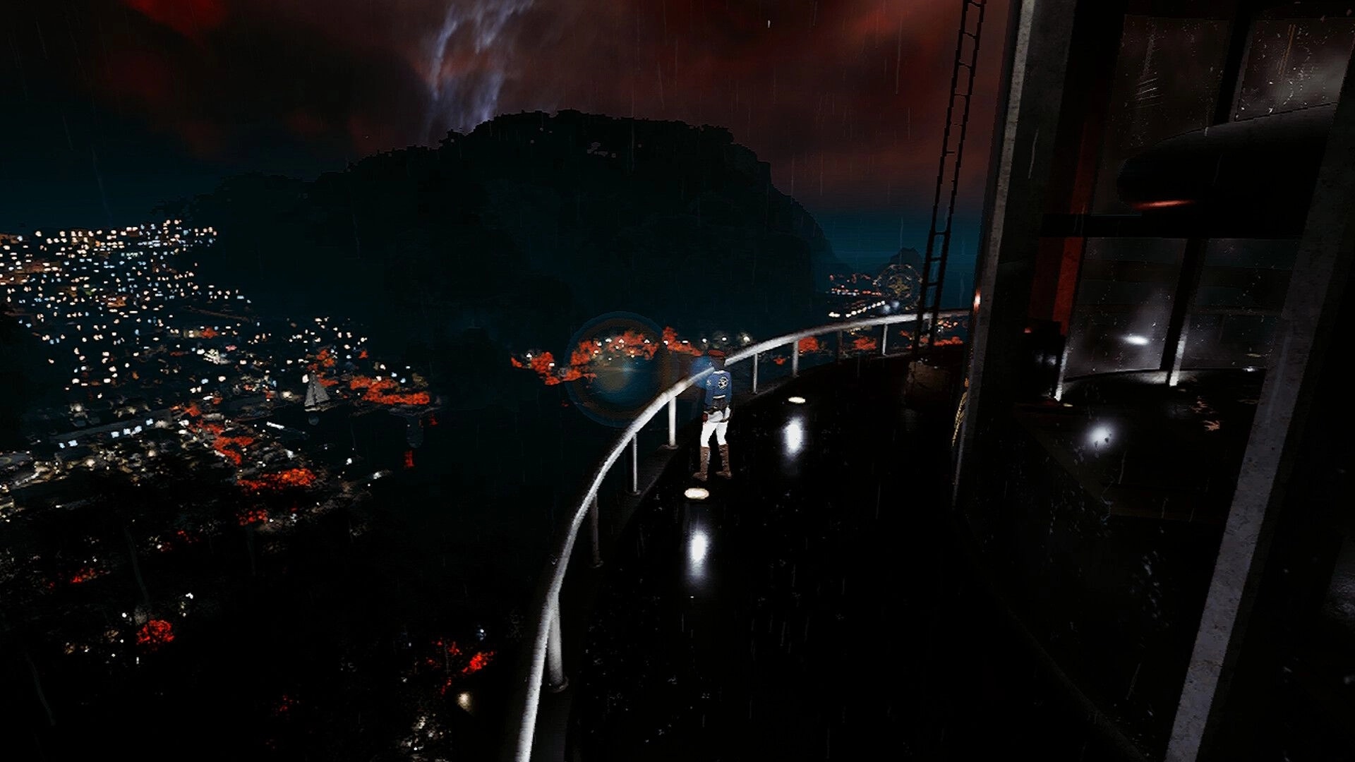 Ground Zero: Character on rooftop observing distant city lights under dark, stormy sky with red glow