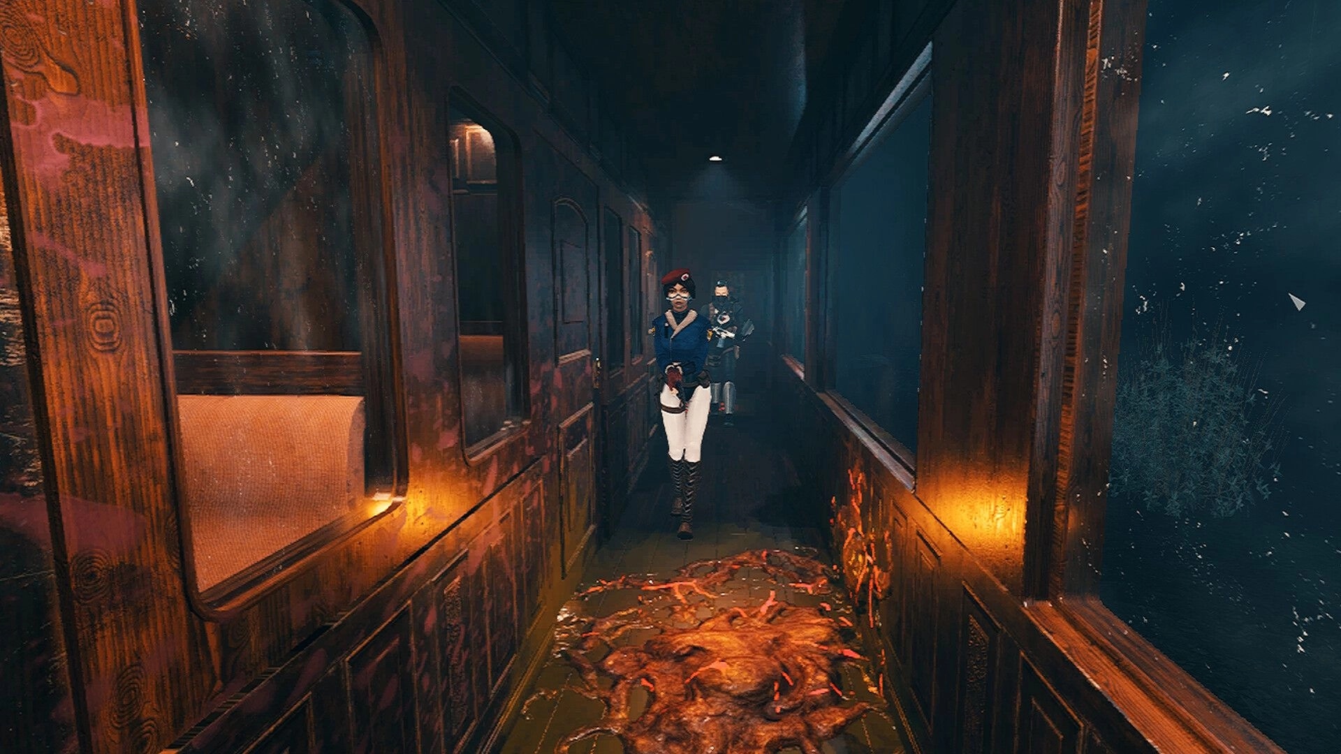 Ground Zero: Two characters cautiously navigate a dimly lit train corridor with organic debris on the floor.