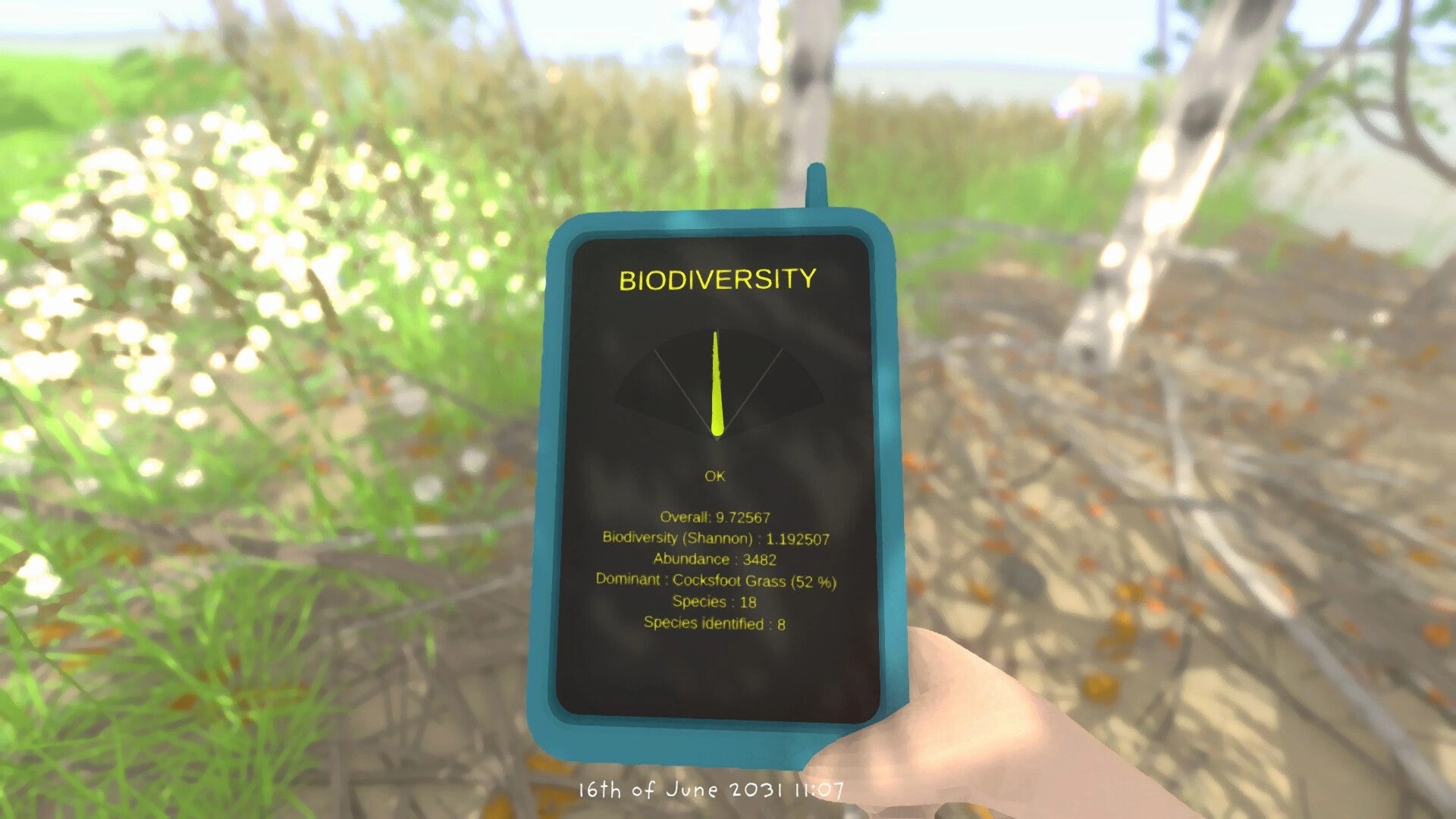 Grow Wild: Biodiversity scanner UI in hand showing stats, standing in a sunny grassy woodland clearing.
