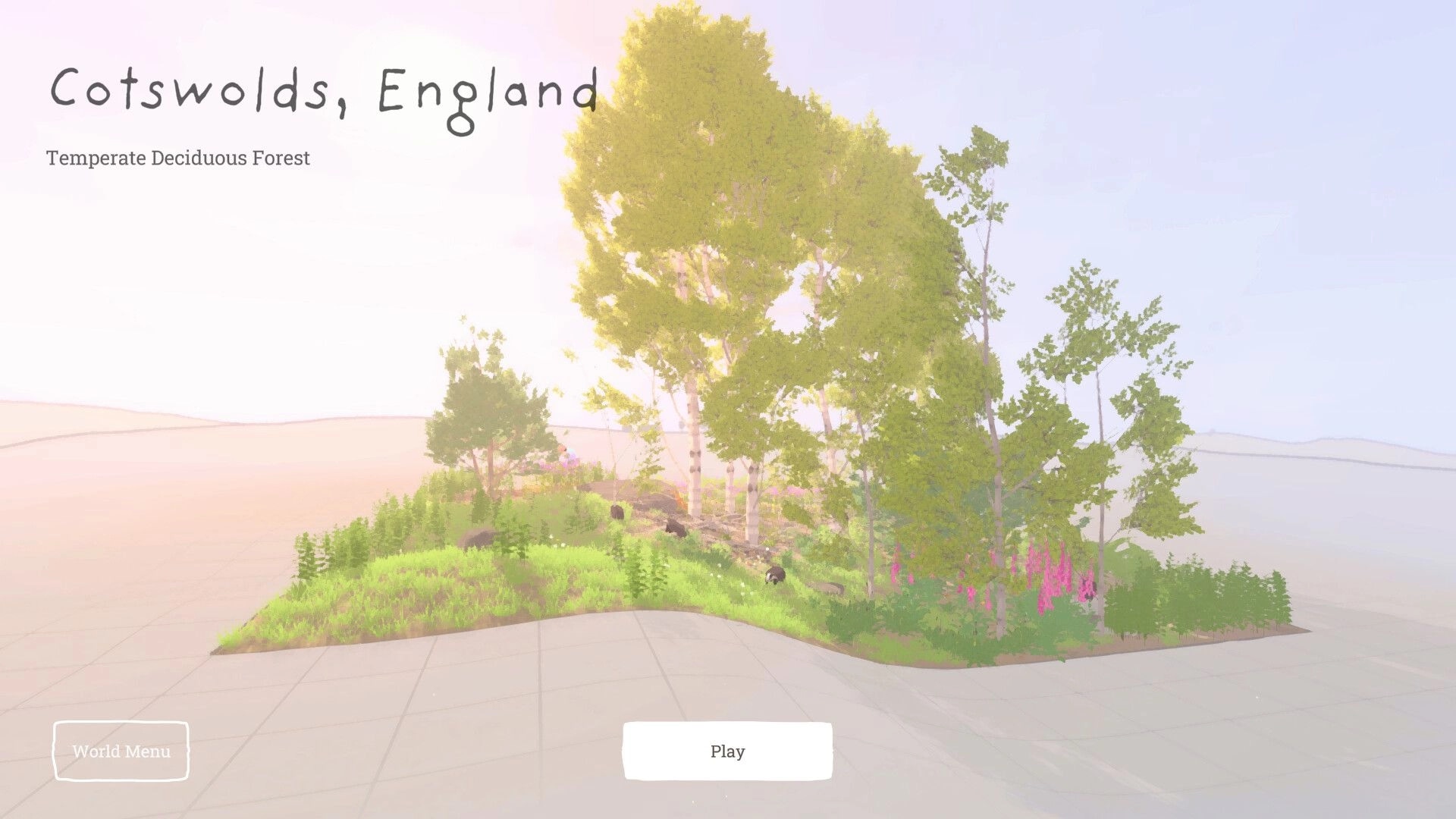 Grow Wild: World selection screen with Play button, Cotswolds forest diorama of trees and flowers.