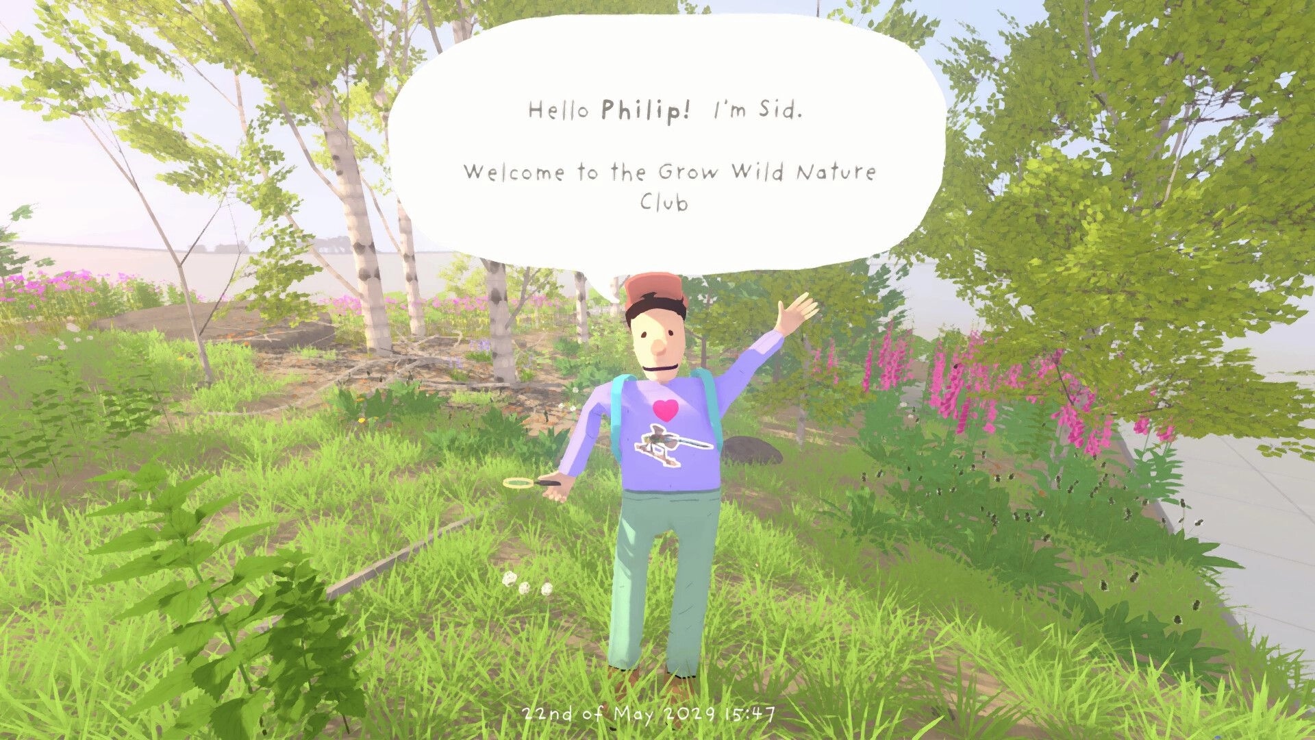 Grow Wild: Sid waves in tutorial dialogue amid grassy woodland with birch trees and pink flowers.