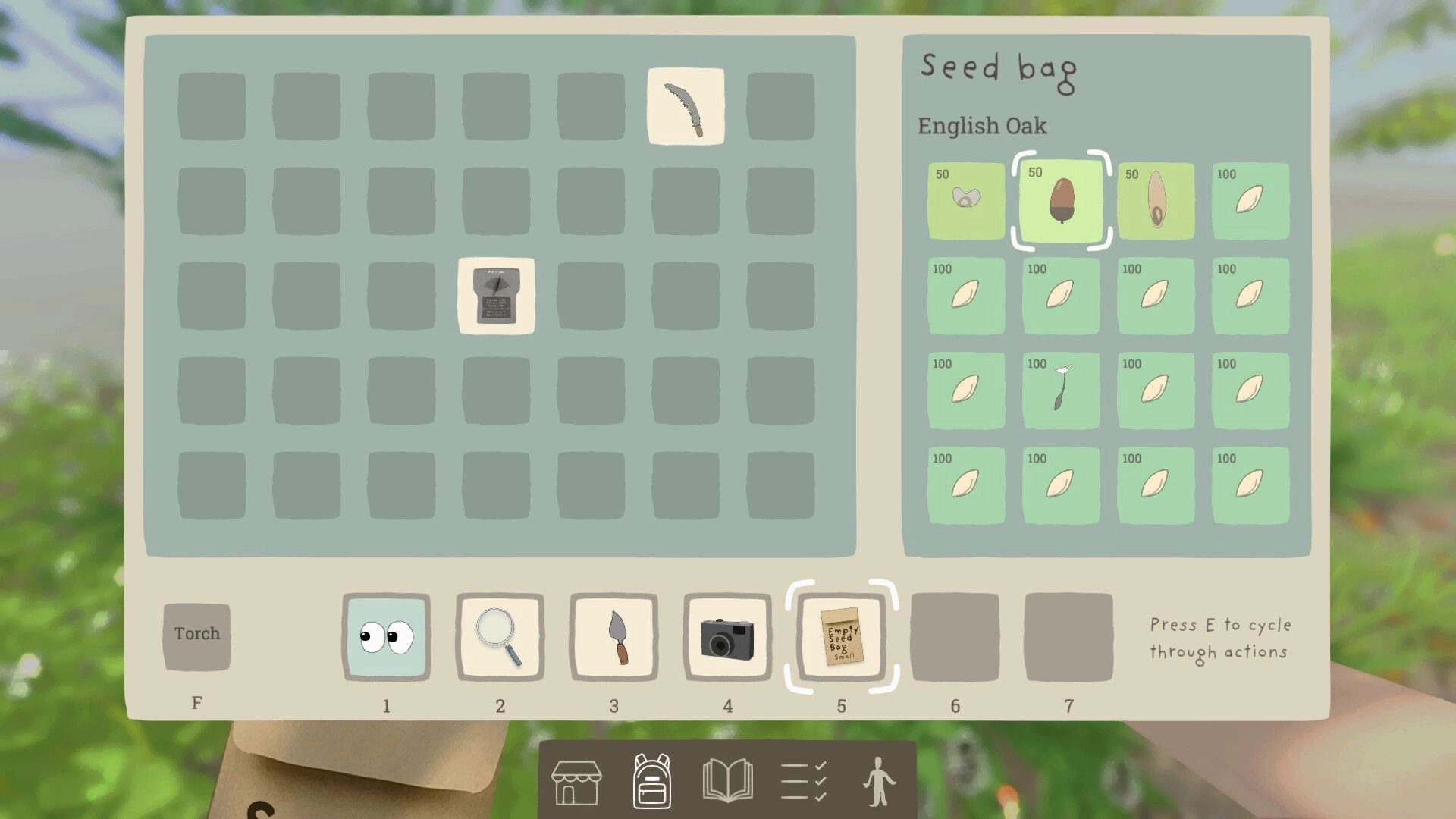 Grow Wild: Seed bag inventory open with English Oak seeds selected over a blurred green forest backdrop.