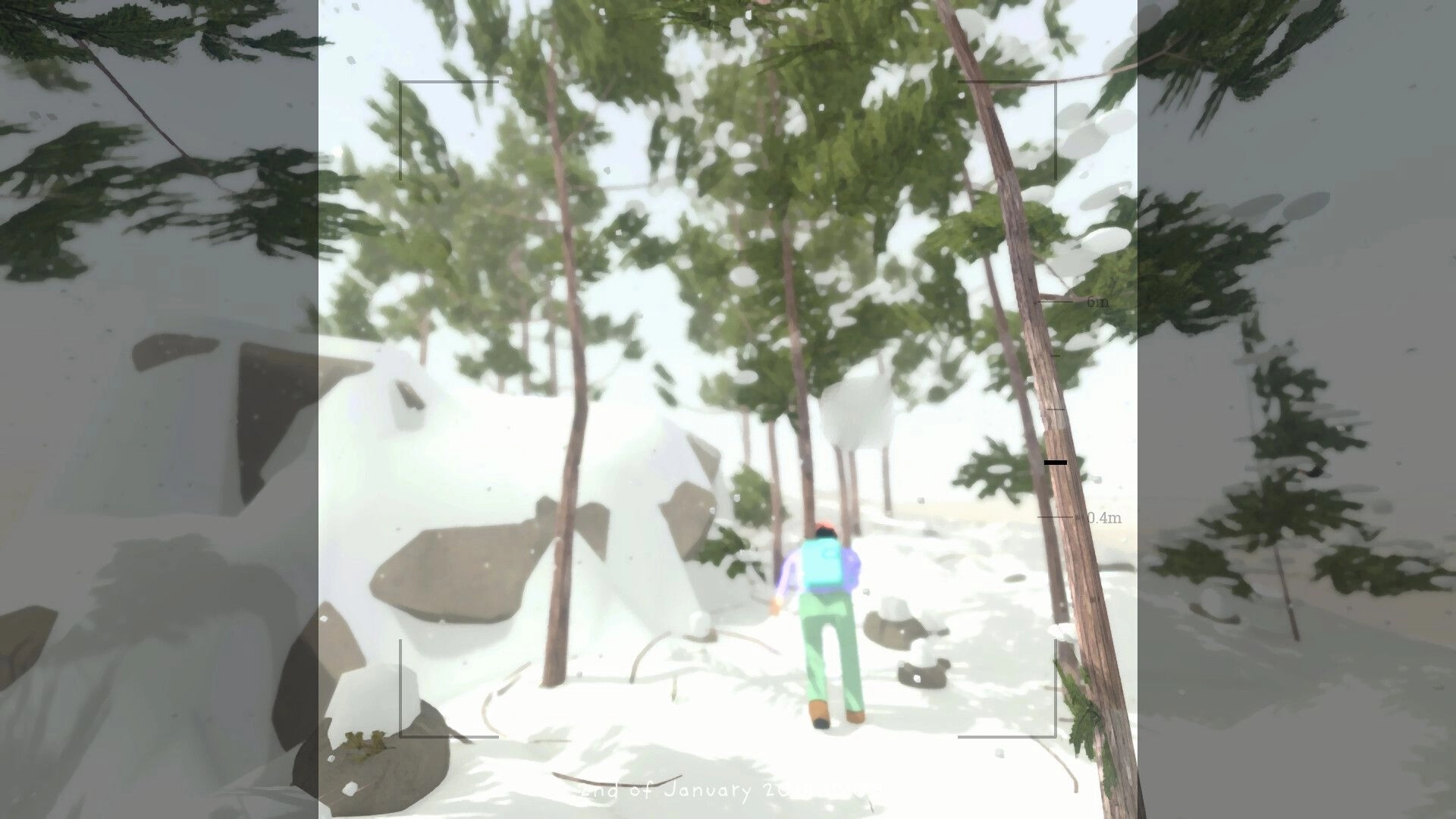 Grow Wild: Player character hiking uphill through snowy pine forest, camera viewfinder UI visible.