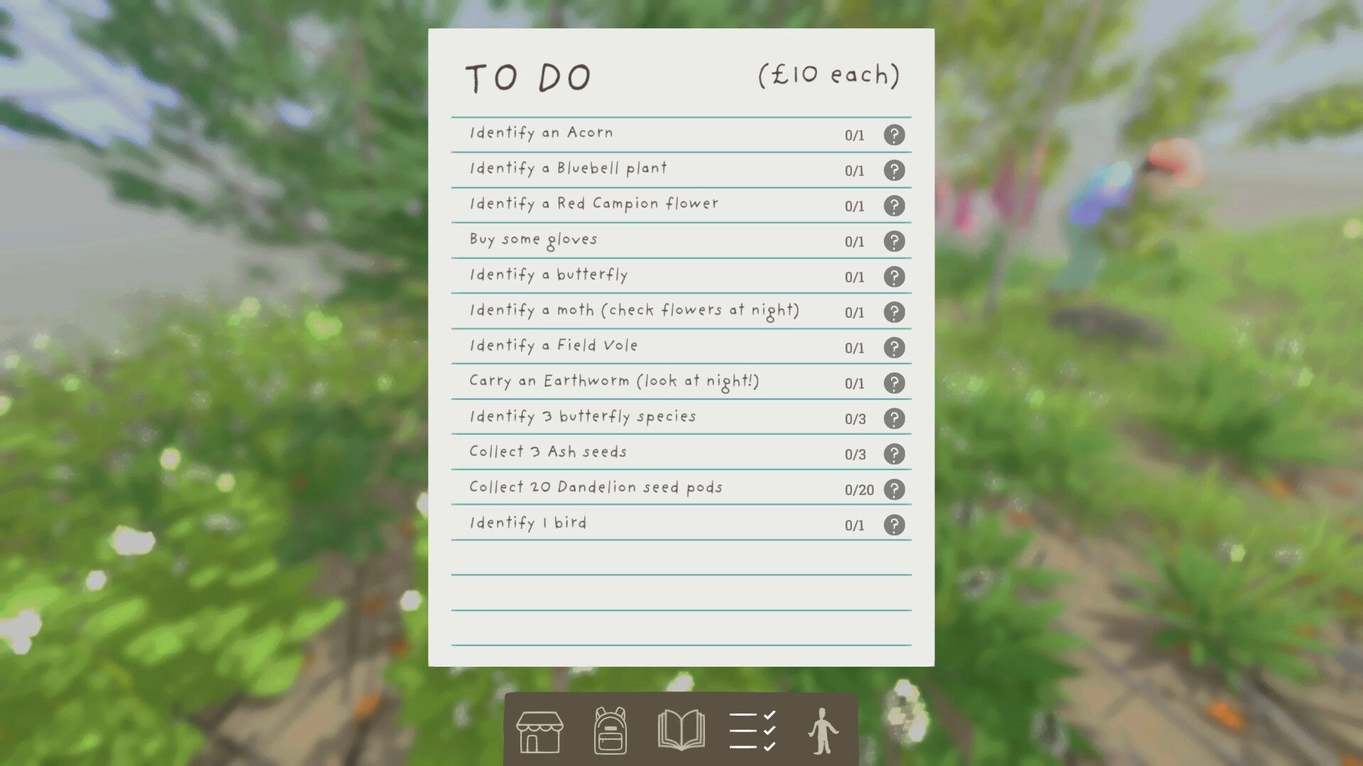 Grow Wild: To-do checklist menu with nature tasks and progress counters over a blurred meadow path.