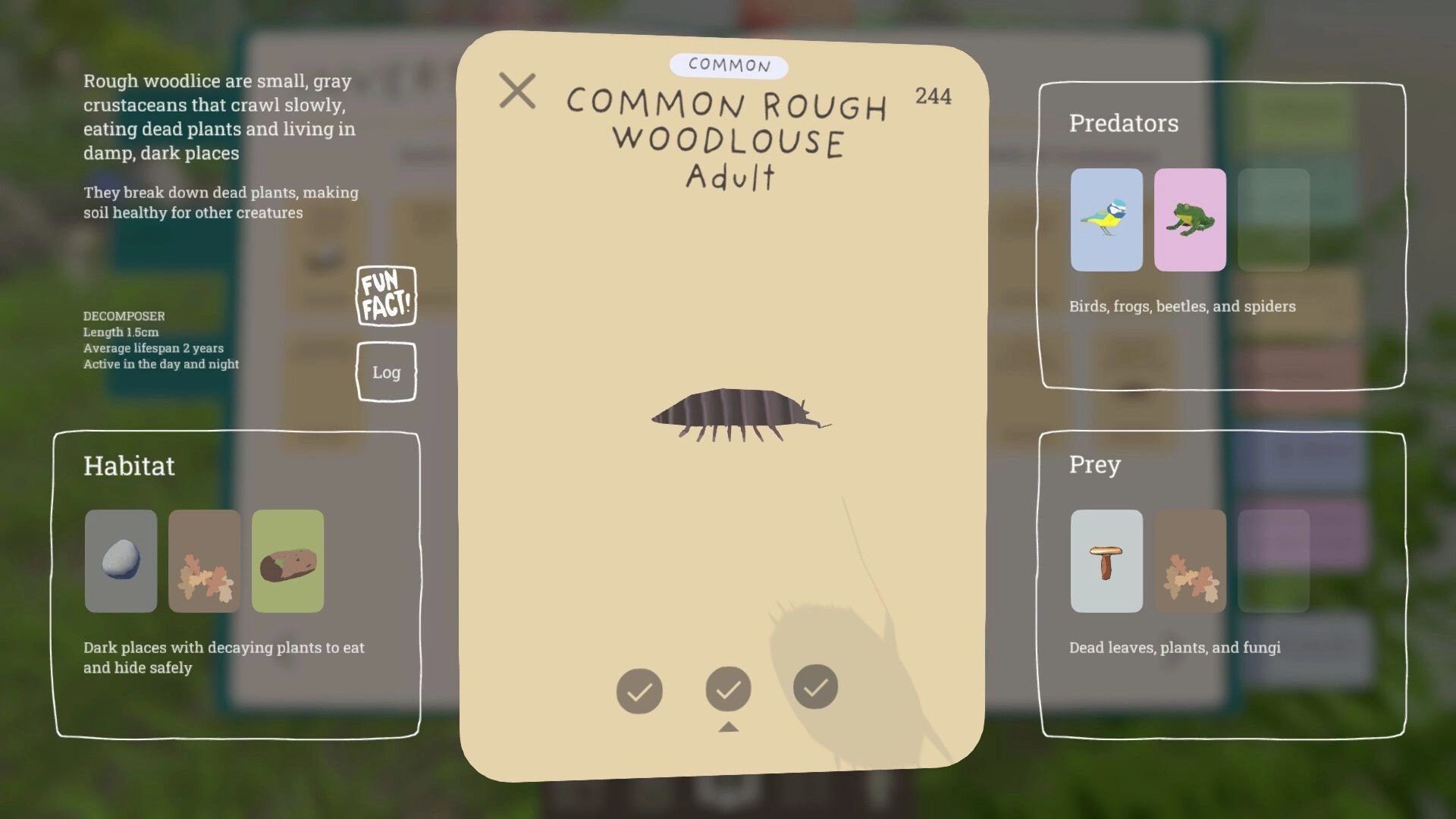 Grow Wild: Common rough woodlouse info card open with habitat, predators and prey panels over map.