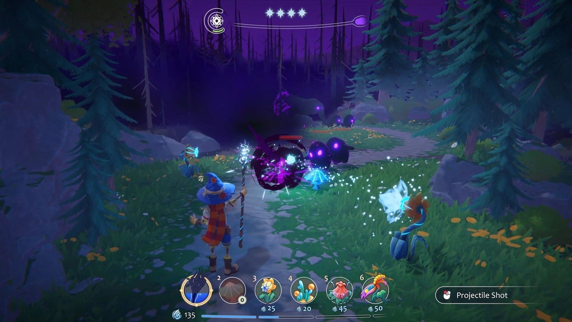 Growing Wild: Sprig fires projectile at shadow blobs on forest path, plant hotbar UI visible.