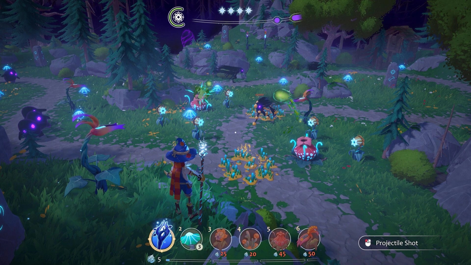 Growing Wild: Sprig aims a staff as plant turrets fire on shadow foes in a forest path arena.